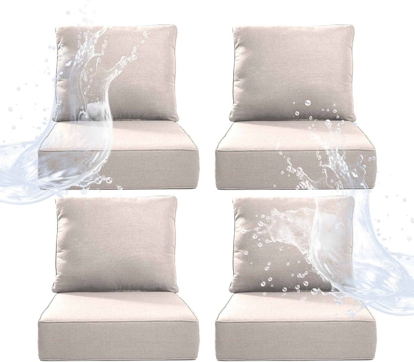 6" Thicker Outdoor Chair Cushion 3 Sets - 24" *24" *6" Waterproof Patio Furniture Cushions with Removable Cover, 28D High Density Sponge Filling Thicken Outdoor Patio Cushions - Beige