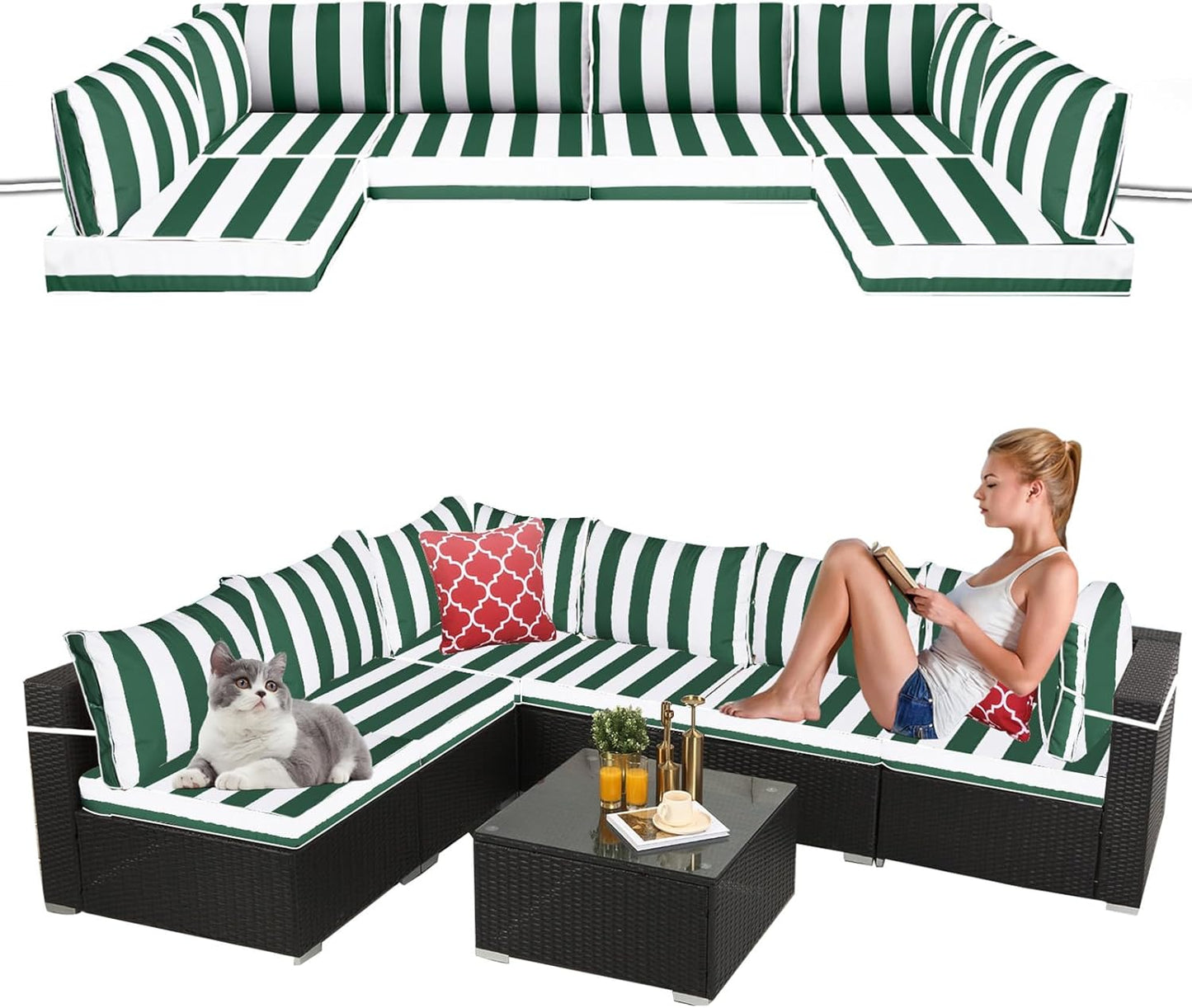 14 Pieces Outdoor Sectional Replacement Cushions for Patio Furniture, 4in Thick Outdoor Sofa Cushions for 6 Seat, Waterproof Deep Seat Couch Patio Cushions Set (Khaki)