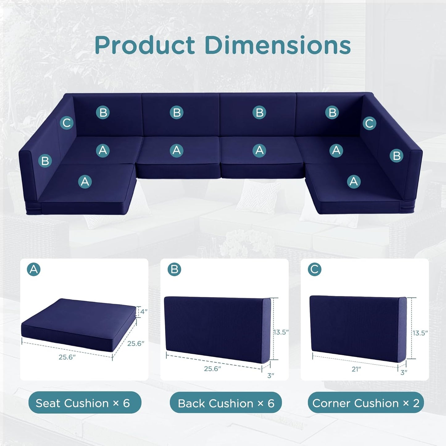 Codi 14-Piece Outdoor Cushions for Patio Furniture, 6 Seat Waterproof Replacement Cushion Set - High-Density Foam, UV Resistant, Fits Wicker & Rattan Sectional Sofas - Navy