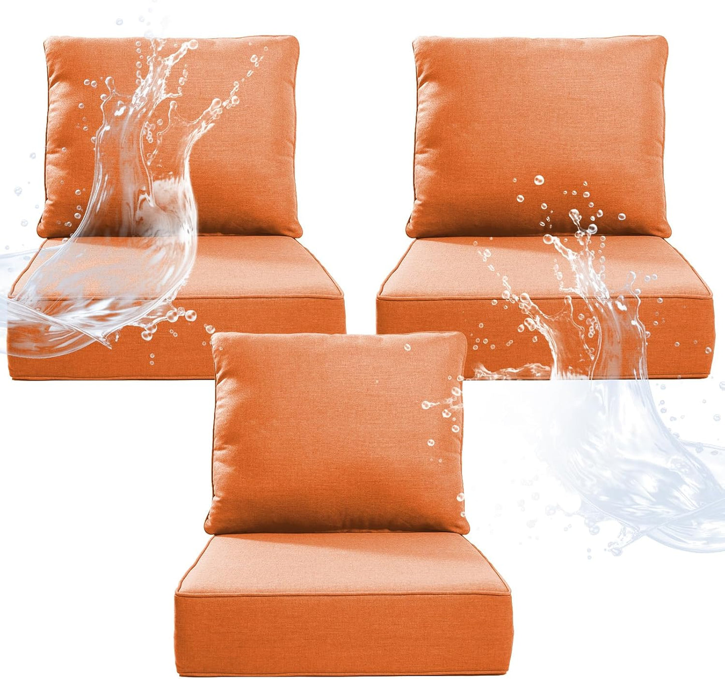 6" Thicker Outdoor Chair Cushion 3 Sets - 24" *24" *6" Waterproof Patio Furniture Cushions with Removable Cover, 28D High Density Sponge Filling Thicken Outdoor Patio Cushions - Beige