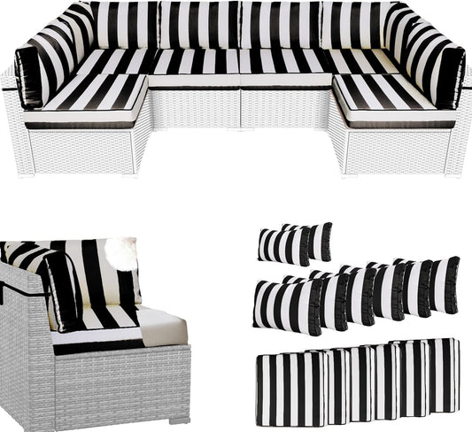14Pcs Outdoor Sectional Replacement Cushion Set, Waterproof Furniture Cushion, Outside Couch Coushions for 6-Seat Wicker Conversation Sets(Liner&Cover) (Black and White Stripes)