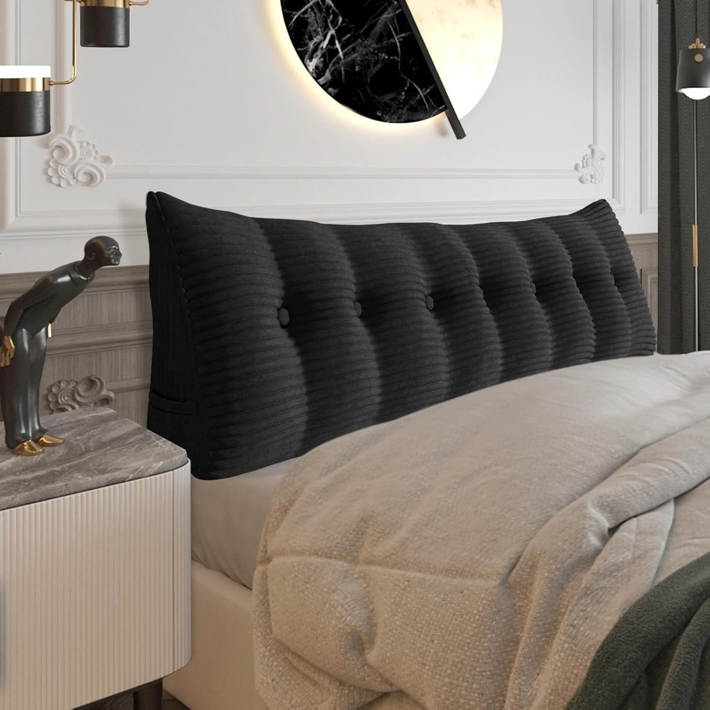 Fully Stuffed Thicken Headboard Pillow Twin Padded Headboard Soft and Firm Support Large Bolster Triangular Bed Wedge Pillow Backrest Positioning Bed Rest Reading Pillows for Bed Corduroy Black