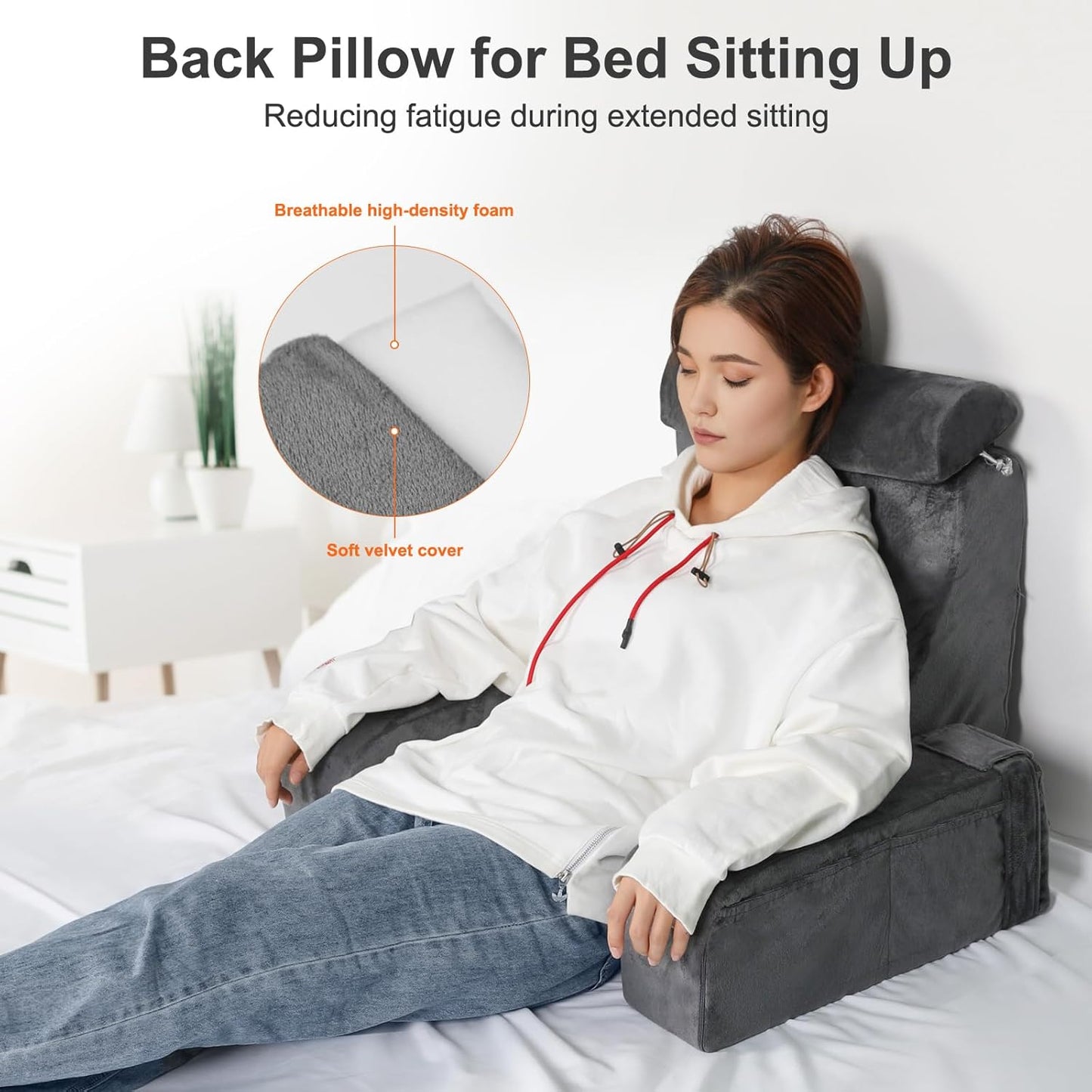 Reading Pillow for Sitting in Bed - Back Pillow for Sitting Up - Back Support Pillow with Detachable Neck Roll & Arms - Full Support - Reading & Bed Rest Pillows for Watching TV/Reading/Gaming