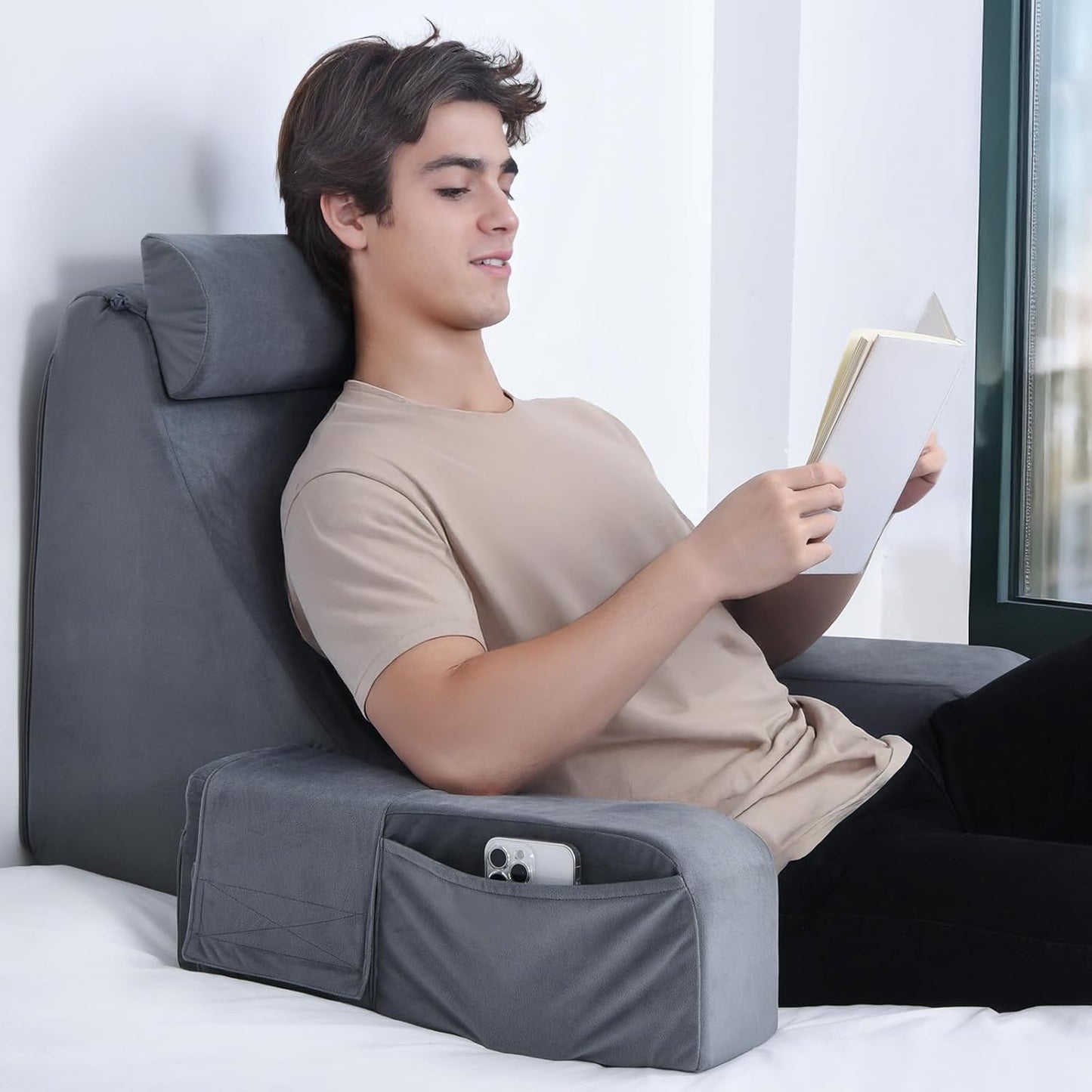 ENITYA Reading Pillow for Kids/Teens/Adults, 17" Back Pillow for Bed Sitting up, Bed Rest Pillow with Arms, Back Support Pillow for Watching TV/Reading/Resting, Dorm Room Essentials, Standard (Grey)