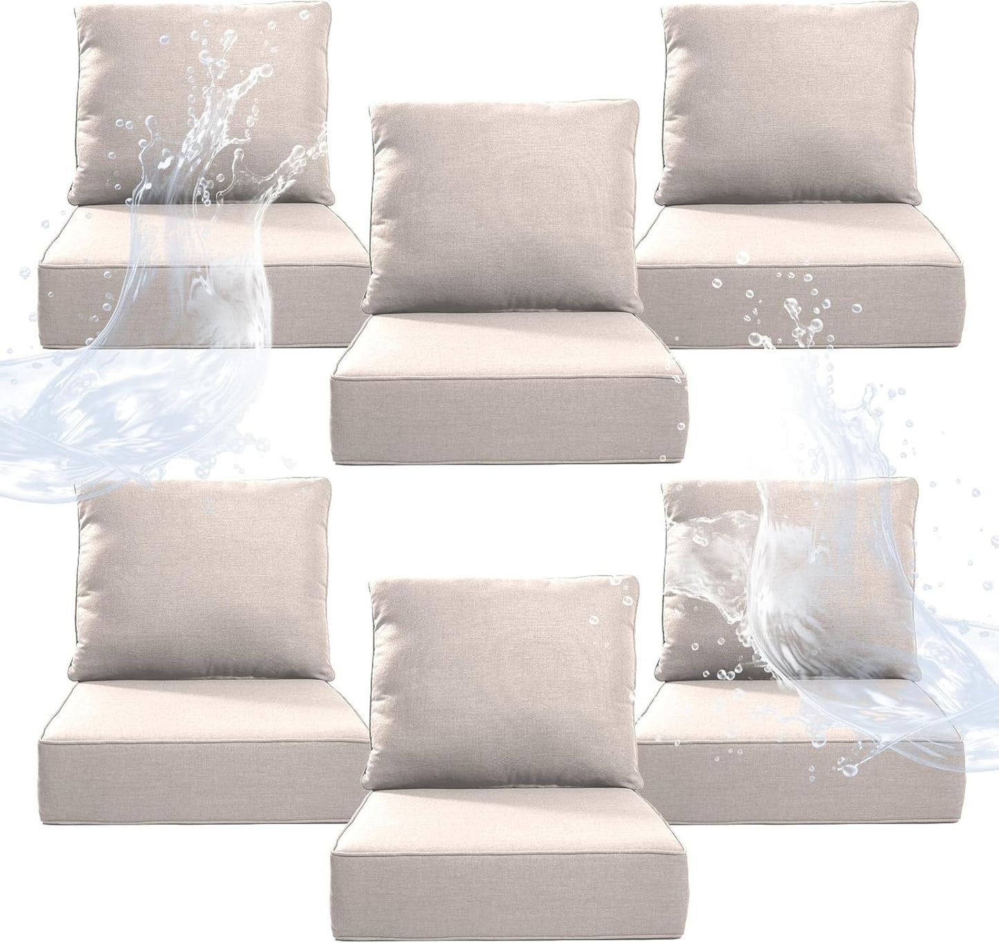 6" Thicker Outdoor Chair Cushion 3 Sets - 24" *24" *6" Waterproof Patio Furniture Cushions with Removable Cover, 28D High Density Sponge Filling Thicken Outdoor Patio Cushions - Beige