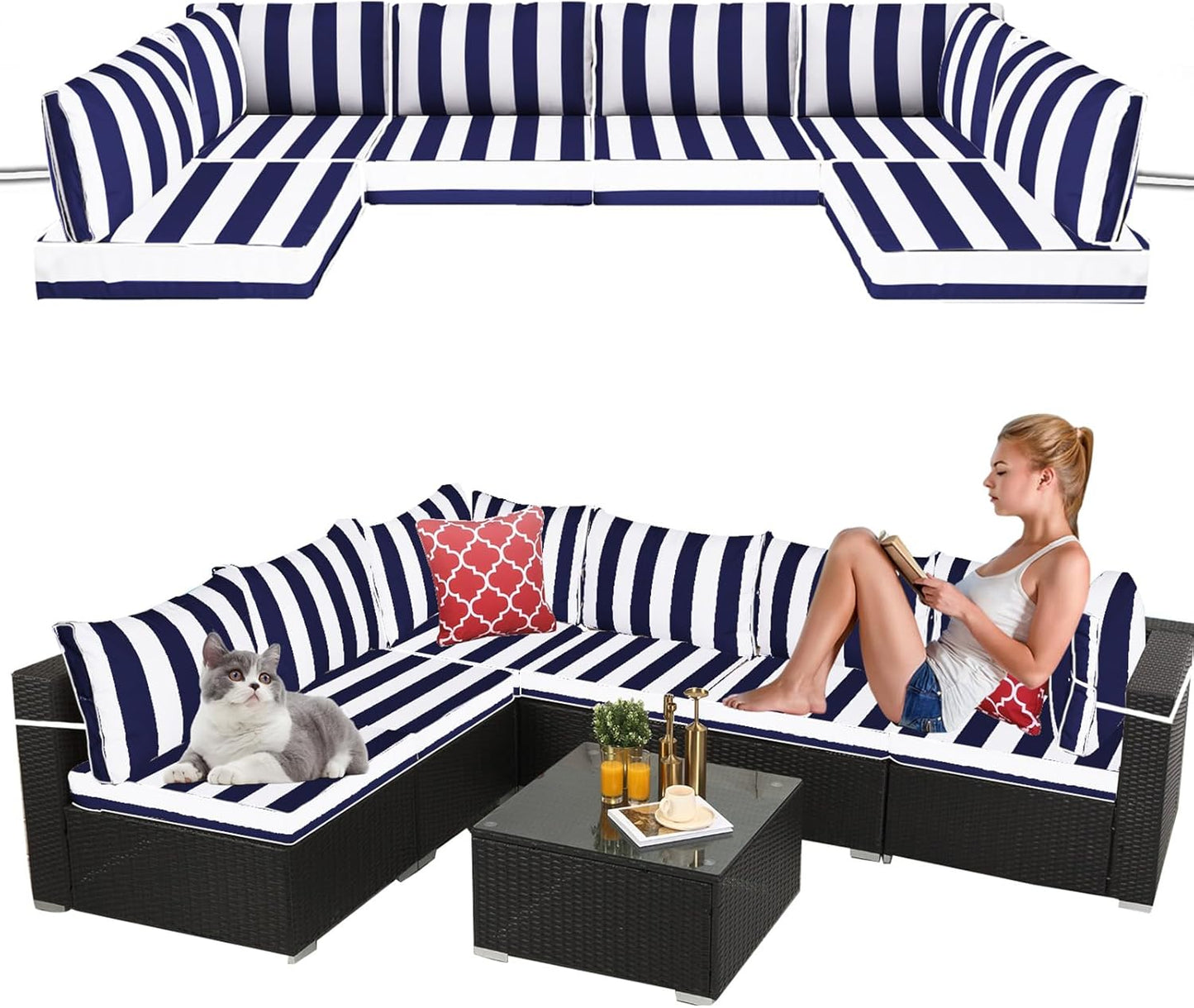 14 Pieces Outdoor Sectional Replacement Cushions for Patio Furniture, 4in Thick Outdoor Sofa Cushions for 6 Seat, Waterproof Deep Seat Couch Patio Cushions Set (Khaki)