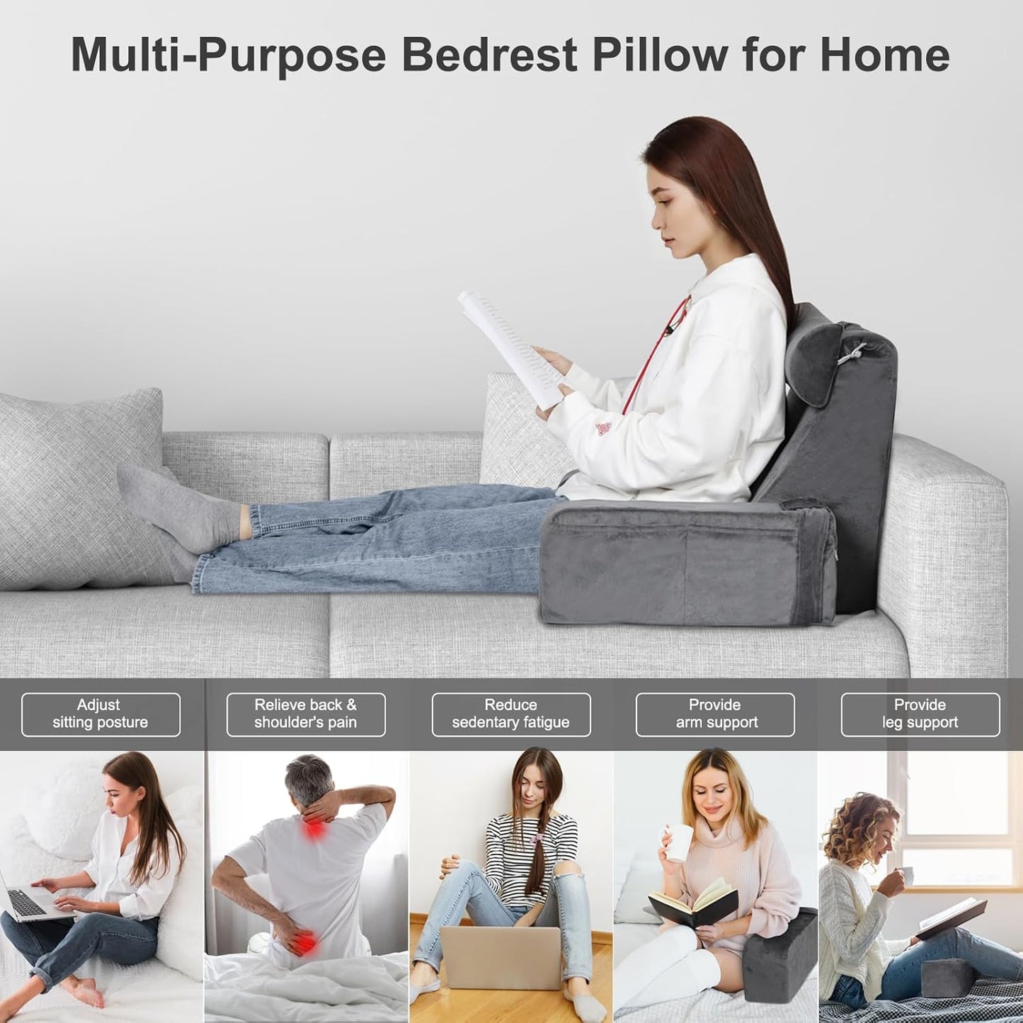 Reading Pillow for Sitting in Bed - Back Pillow for Sitting Up - Back Support Pillow with Detachable Neck Roll & Arms - Full Support - Reading & Bed Rest Pillows for Watching TV/Reading/Gaming