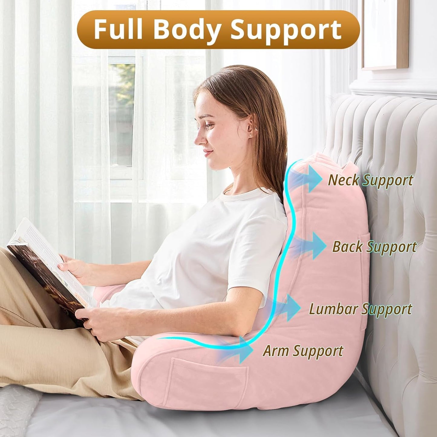 Sasttie Reading Pillow for Bed - 23 Inch, Back Pillow for Bed Sitting Up, Back-Rest Support Cushion with Side Pockets and Arms, Dorm Essentials, Oeko-Tex Certified, Pale Pink