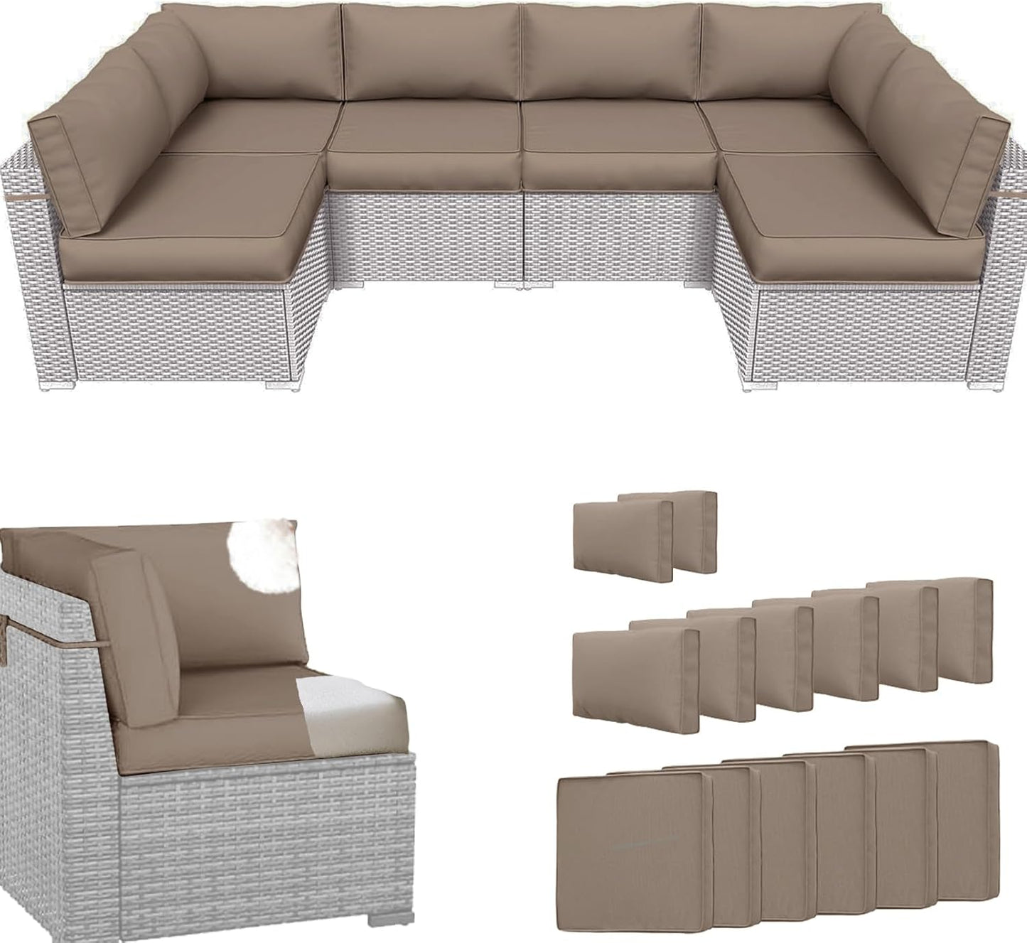 14Pcs Outdoor Sectional Replacement Cushion Set, Waterproof Furniture Cushion, Outside Couch Coushions for 6-Seat Wicker Conversation Sets(Liner&Cover) (Black and White Stripes)