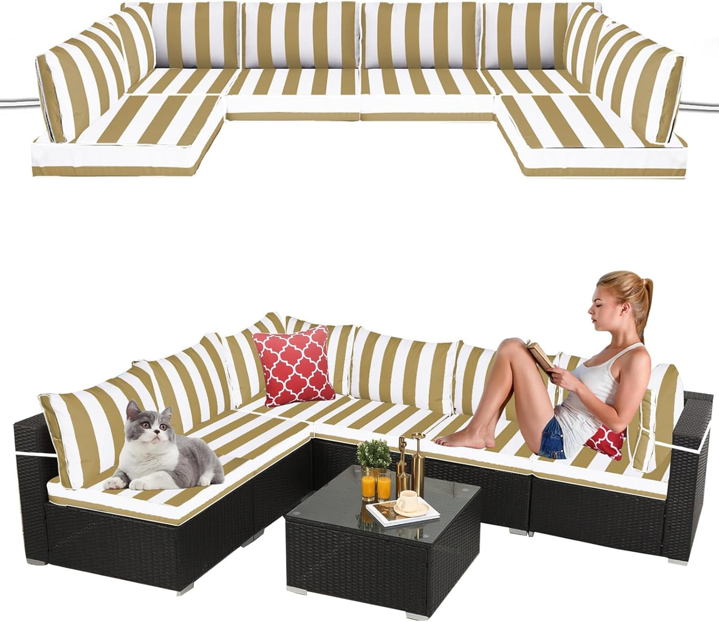 14 Pieces Outdoor Sectional Replacement Cushions for Patio Furniture, 4in Thick Outdoor Sofa Cushions for 6 Seat, Waterproof Deep Seat Couch Patio Cushions Set (Khaki)