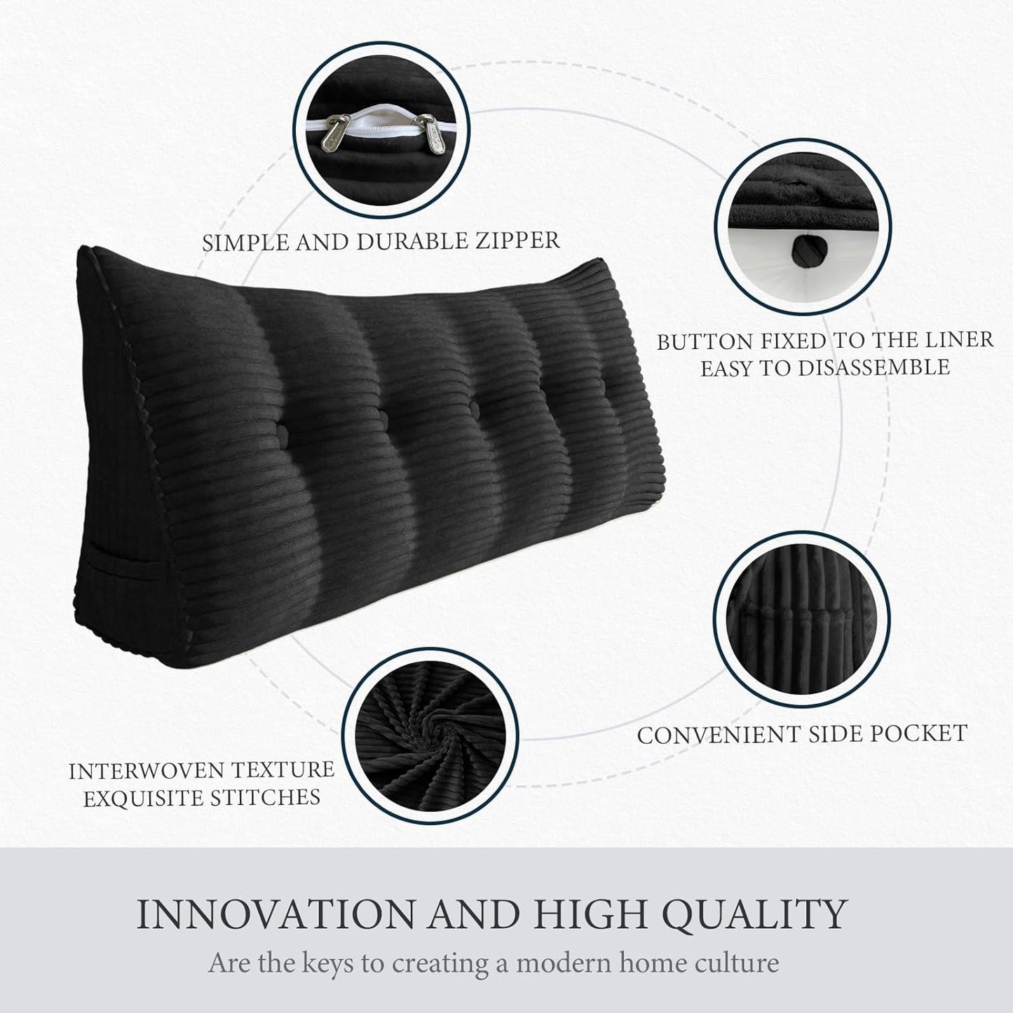 Fully Stuffed Thicken Headboard Pillow Twin Padded Headboard Soft and Firm Support Large Bolster Triangular Bed Wedge Pillow Backrest Positioning Bed Rest Reading Pillows for Bed Corduroy Black