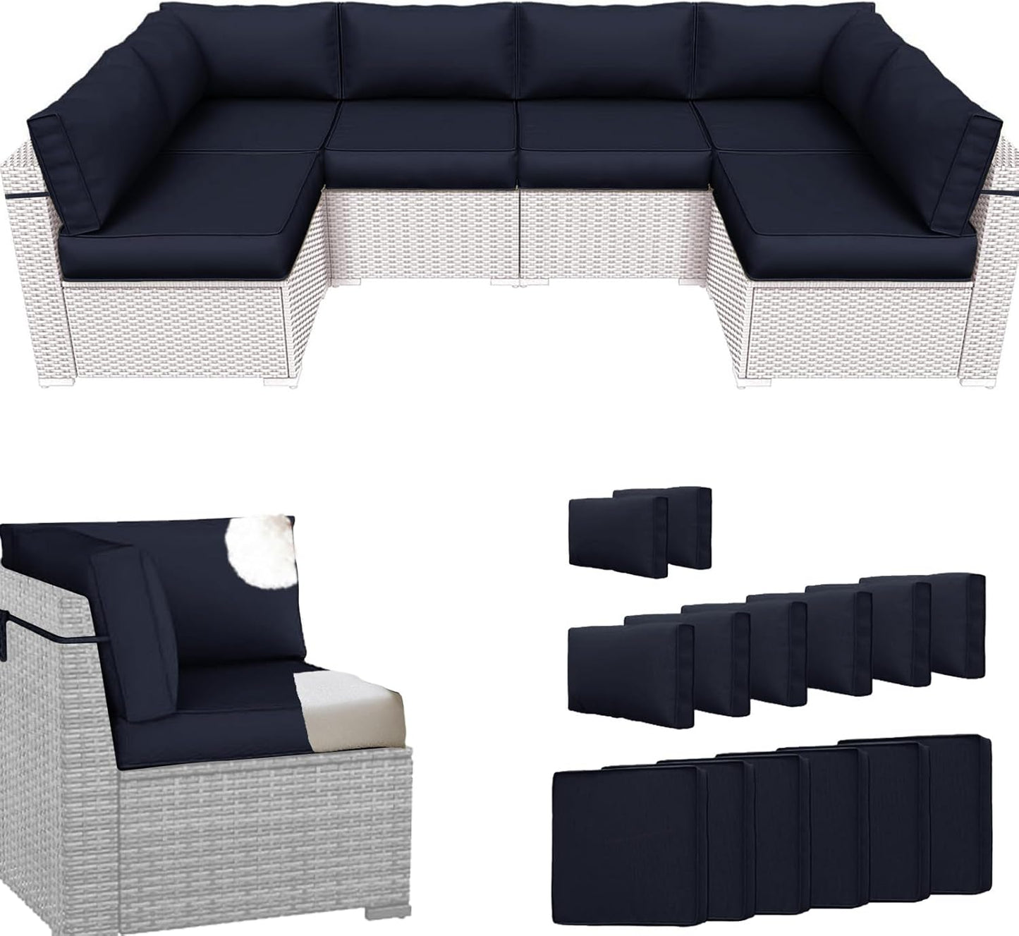 14Pcs Outdoor Sectional Replacement Cushion Set, Waterproof Furniture Cushion, Outside Couch Coushions for 6-Seat Wicker Conversation Sets(Liner&Cover) (Black and White Stripes)