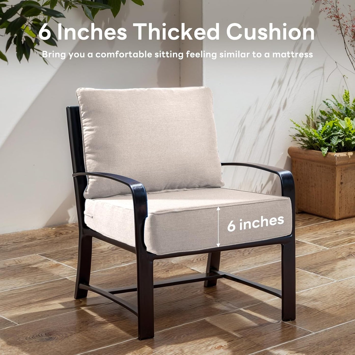 6" Thicker Outdoor Chair Cushion 3 Sets - 24" *24" *6" Waterproof Patio Furniture Cushions with Removable Cover, 28D High Density Sponge Filling Thicken Outdoor Patio Cushions - Beige