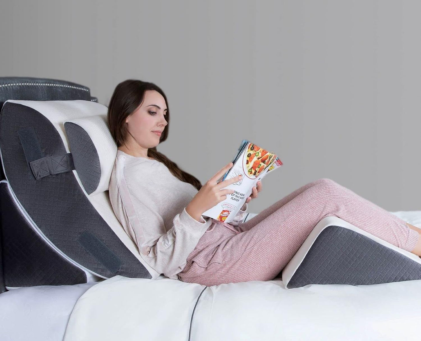 Kӧlbs Reading Wedge Pillow Chic Gray and White Jacquard Cover Back Pillow for Bed Sitting Up, Cushion with Arms for TV Book Gaming Dorm Rooms, Backrest