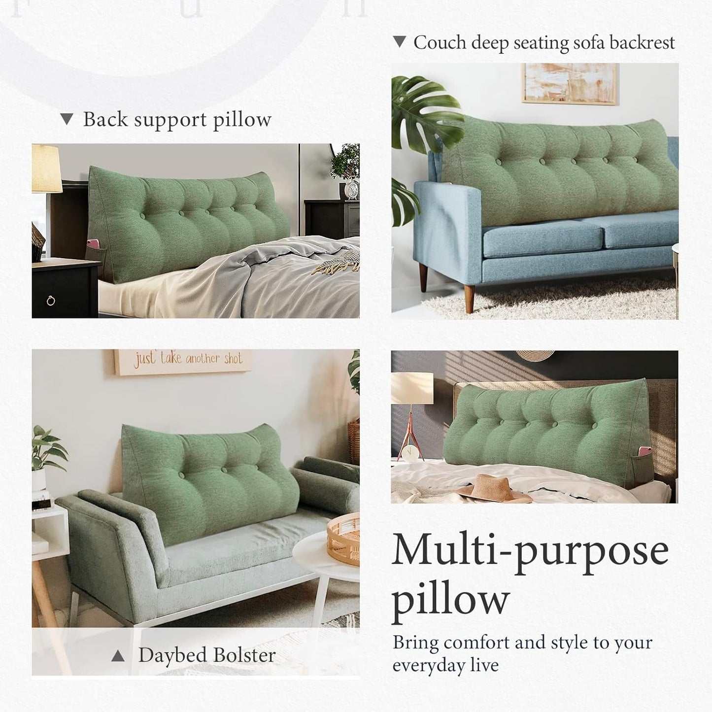 Headboard Pillow Wedge Full Size Large Bolster Pillow for Bed Triangle Reading Pillow Back Support Pillow for Sitting Up in Bed XXL Couch Rest Backrest Cushion Linen Sage Green