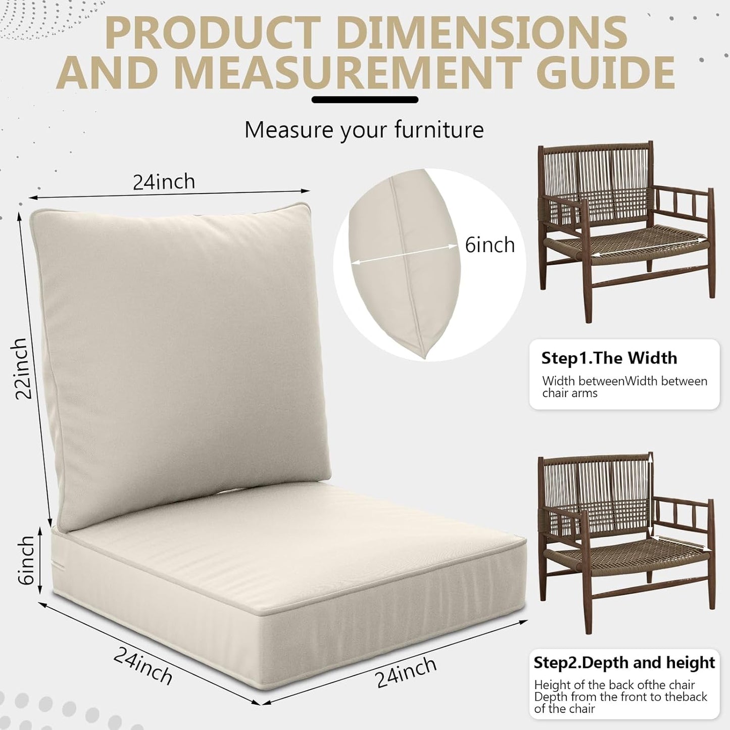 24" x 24" x 6" Outdoor Deep Seat Cushions Set - 4 Set Waterproof & Fade Resistant Patio Furniture Replacement Cushions, Non-Slip Outdoor Cushions Fit Loveseats, Couches, Chairs, and Sofas.