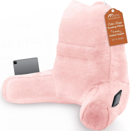 Sasttie Reading Pillow for Bed - 23 Inch, Back Pillow for Bed Sitting Up, Back-Rest Support Cushion with Side Pockets and Arms, Dorm Essentials, Oeko-Tex Certified, Pale Pink