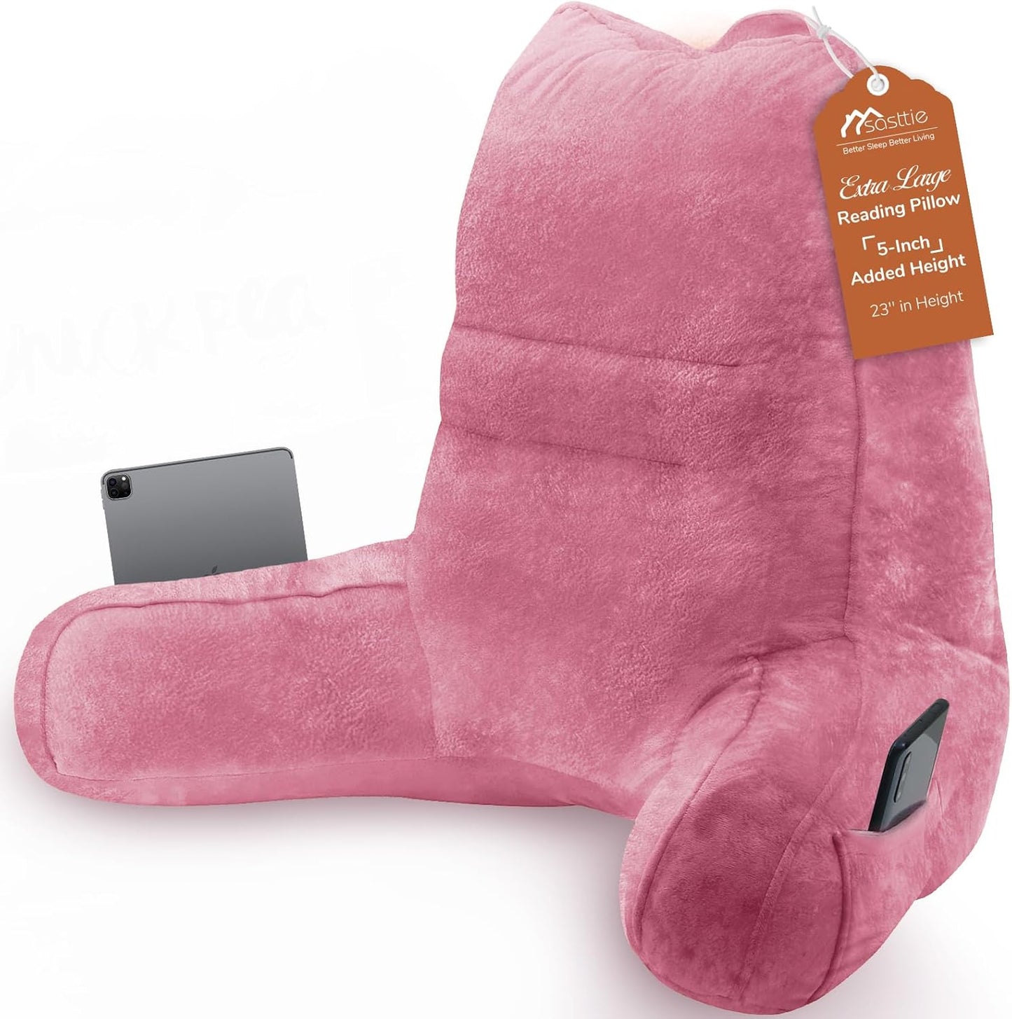 Sasttie Reading Pillow for Bed - 23 Inch, Back Pillow for Bed Sitting Up, Back-Rest Support Cushion with Side Pockets and Arms, Dorm Essentials, Oeko-Tex Certified, Pale Pink