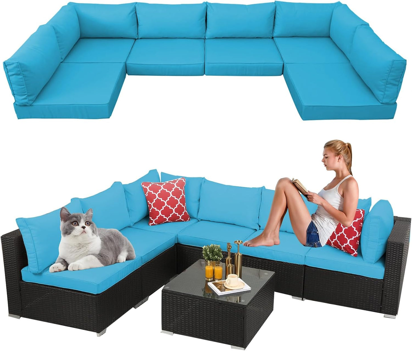14 Pieces Outdoor Sectional Replacement Cushions for Patio Furniture, 4in Thick Outdoor Sofa Cushions for 6 Seat, Waterproof Deep Seat Couch Patio Cushions Set (Khaki)