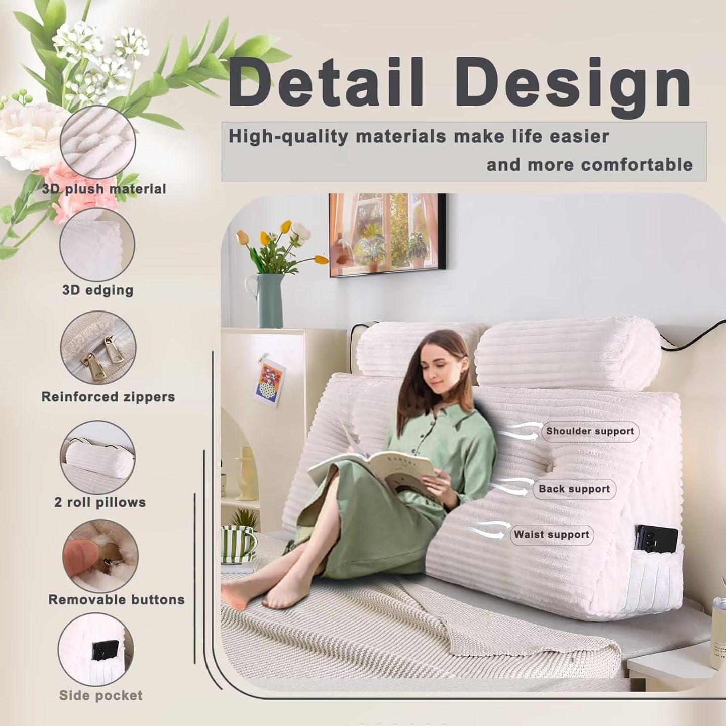 Headboard Pillow for Perfect Reading and Relaxation - Beige Wedge Backrest Pillow for Bed,Daybed,and Lounging - Supportive and Stylish Long Pillow for Sitting and Sleeping Queen (59x8x20 Inches)