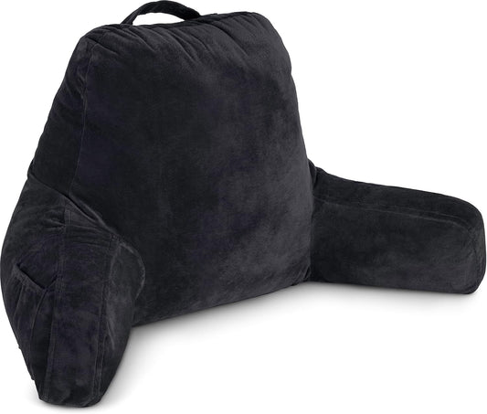 Husband Pillow Black, Original Reading Pillow in Bed Rest Chair, Shredded Memory Foam Large Lounge Cushion Adult Backrest with Arms, Comfy Back Support for Sit Sitting Up, Washable/Removable Cover