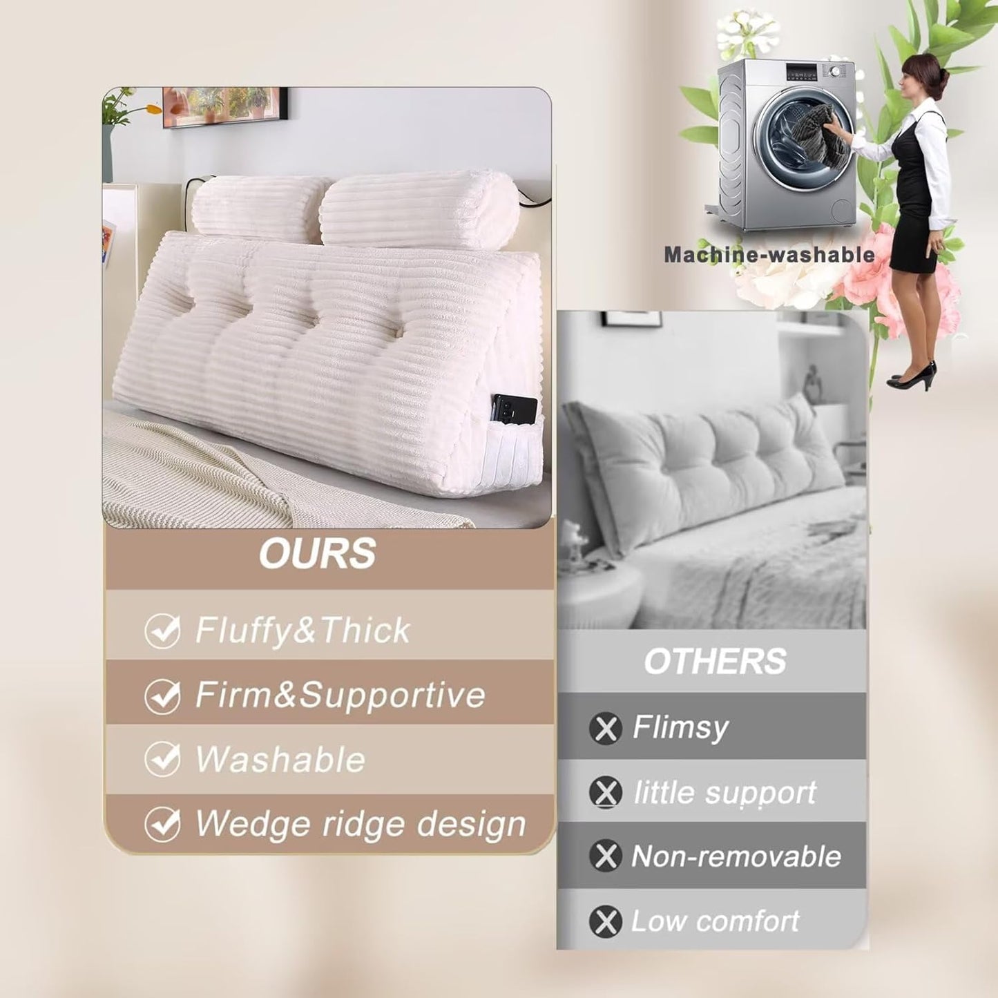 Headboard Pillow for Perfect Reading and Relaxation - Beige Wedge Backrest Pillow for Bed,Daybed,and Lounging - Supportive and Stylish Long Pillow for Sitting and Sleeping Queen (59x8x20 Inches)