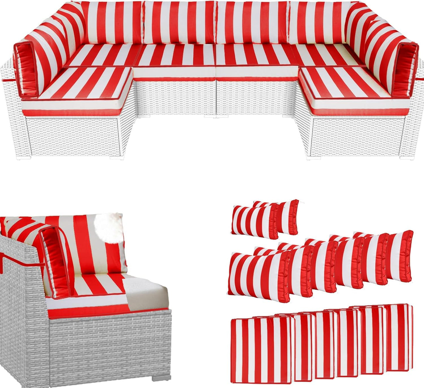 14Pcs Outdoor Sectional Replacement Cushion Set, Waterproof Furniture Cushion, Outside Couch Coushions for 6-Seat Wicker Conversation Sets(Liner&Cover) (Black and White Stripes)