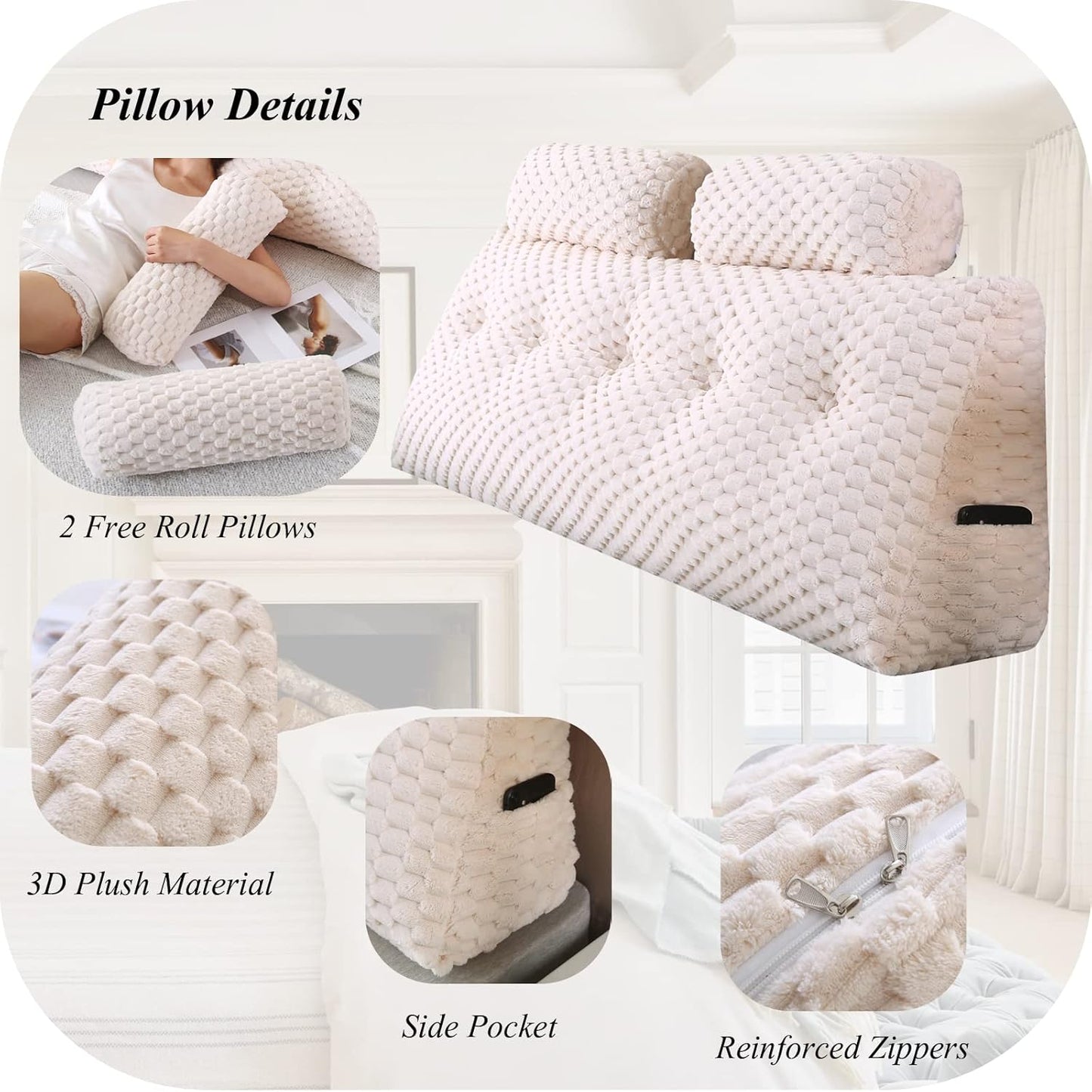 Wedge Headboard Pillows + 2 Head Roll Pillow Bed Wedge Pillow for Headboard Large Bolster for Bed Rest Reading Pillows Backrest Pillows for Sitting in Bed Backrest Positioning Support