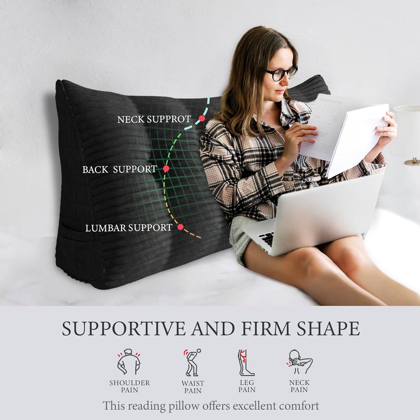 Fully Stuffed Thicken Headboard Pillow Twin Padded Headboard Soft and Firm Support Large Bolster Triangular Bed Wedge Pillow Backrest Positioning Bed Rest Reading Pillows for Bed Corduroy Black