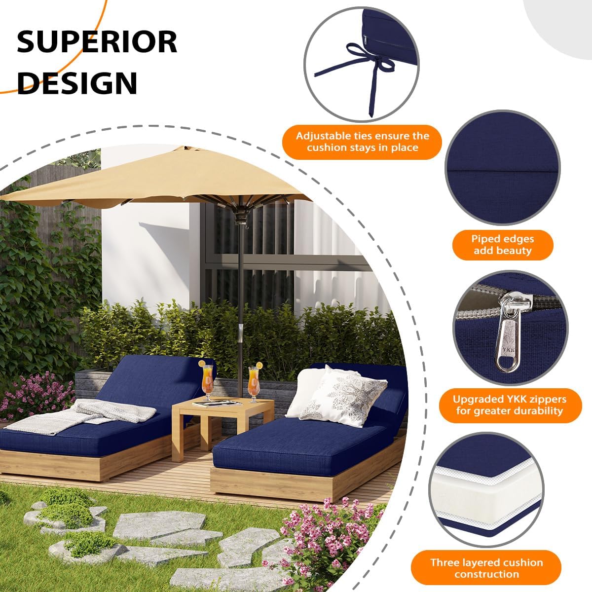 Sundale Outdoor Olefin Chaise Lounge Cushion Set of 2, Water-Resistant Patio Lounge Chair Cushion, Thick Lounger Pad with 8 Straps Navy Blue, 80 x 26 x 6 Inches