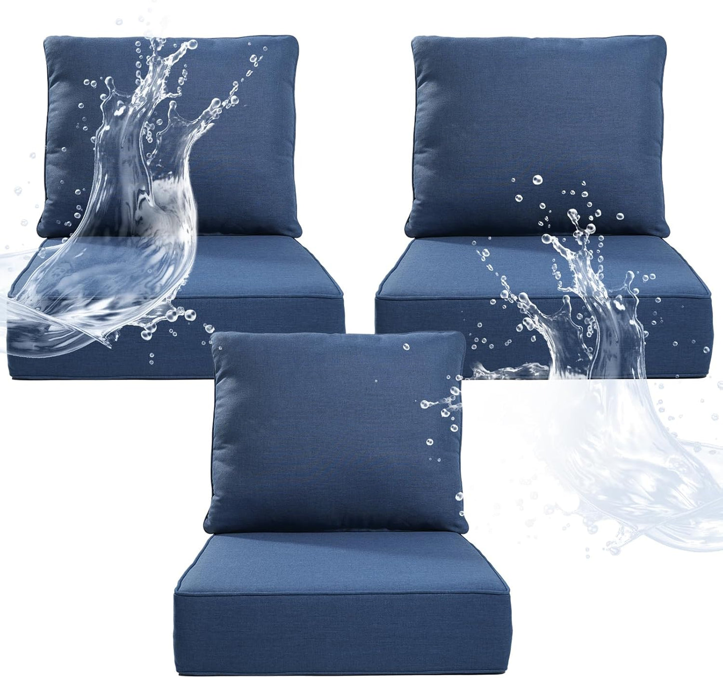6" Thicker Outdoor Chair Cushion 3 Sets - 24" *24" *6" Waterproof Patio Furniture Cushions with Removable Cover, 28D High Density Sponge Filling Thicken Outdoor Patio Cushions - Beige