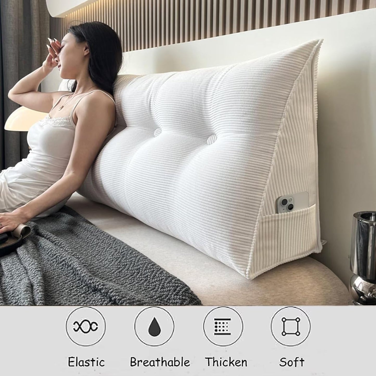 Large Bed Wedge Headboard Pillow Twin College Dorm Reading Pillow White Back Support Corduroy Triangular Lumbar Pillow Body Positioning Bed Pillow for Day Bed Bunk Bed