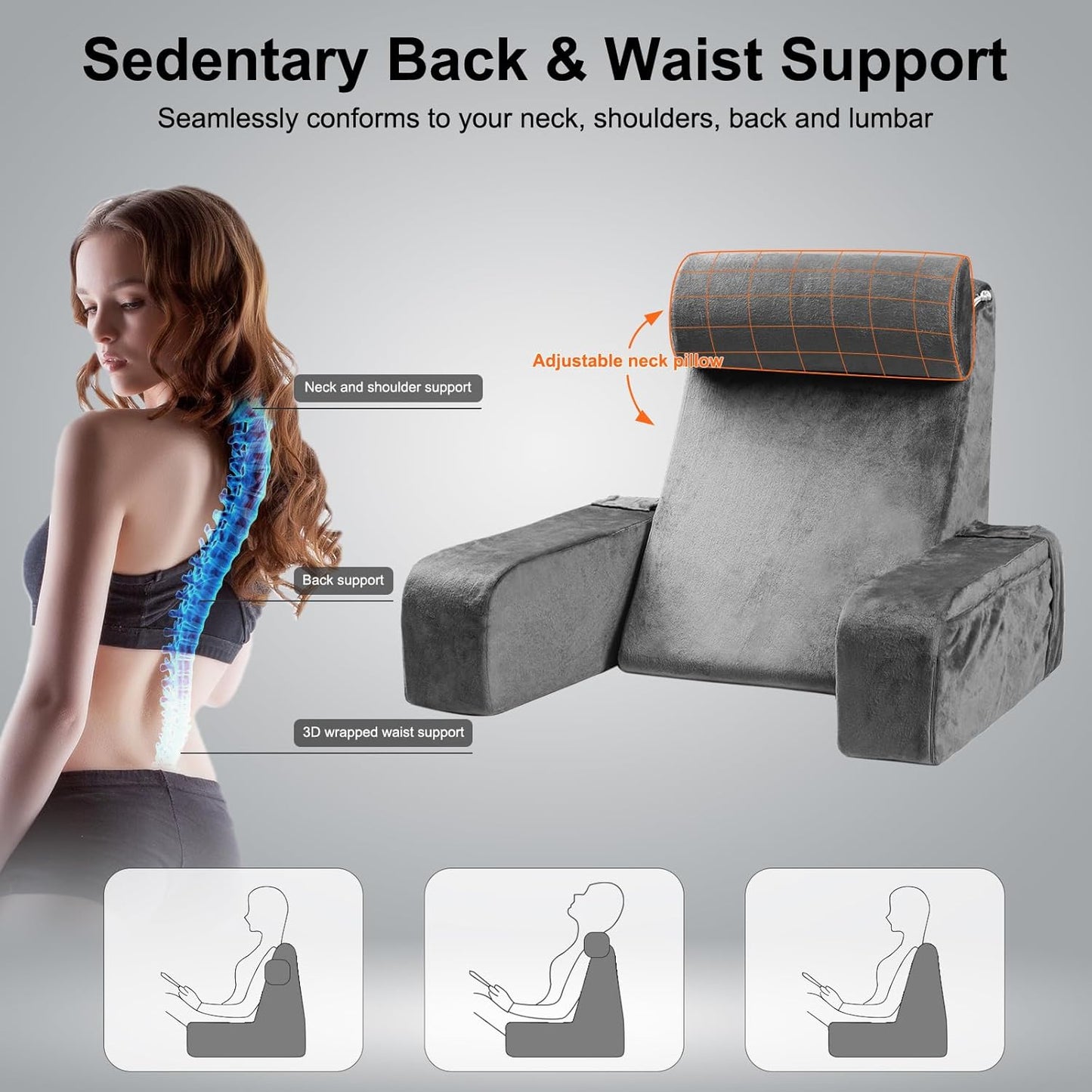 Reading Pillow for Sitting in Bed - Back Pillow for Sitting Up - Back Support Pillow with Detachable Neck Roll & Arms - Full Support - Reading & Bed Rest Pillows for Watching TV/Reading/Gaming