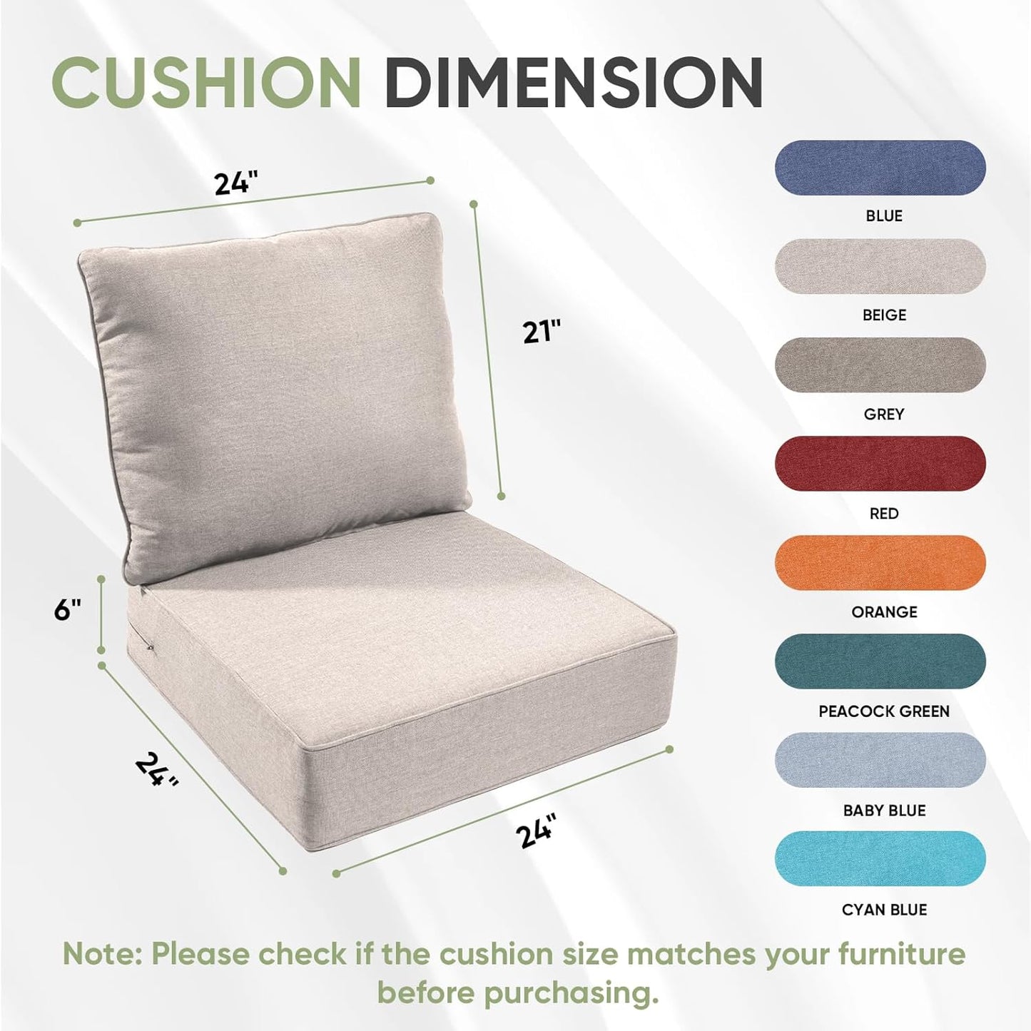 Outdoor Chair Cushions Set of 3, Waterproof 24x24 Patio Chair Cushion, 6" Thickened Seat Cushion for Outdoor Furniture, Couch Cushion Replacement, Include 3 Back & 3 Seat Cushions, Thick/Beige