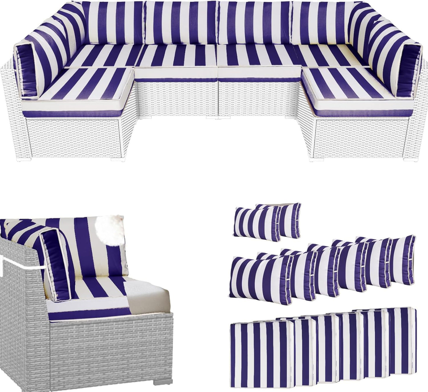 14Pcs Outdoor Sectional Replacement Cushion Set, Waterproof Furniture Cushion, Outside Couch Coushions for 6-Seat Wicker Conversation Sets(Liner&Cover) (Black and White Stripes)