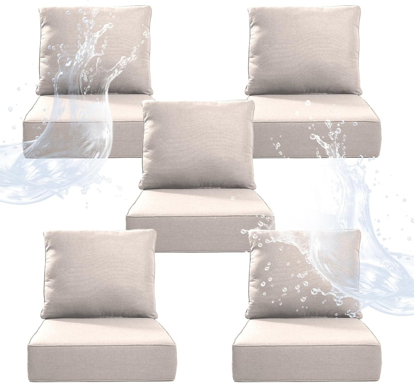 6" Thicker Outdoor Chair Cushion 3 Sets - 24" *24" *6" Waterproof Patio Furniture Cushions with Removable Cover, 28D High Density Sponge Filling Thicken Outdoor Patio Cushions - Beige