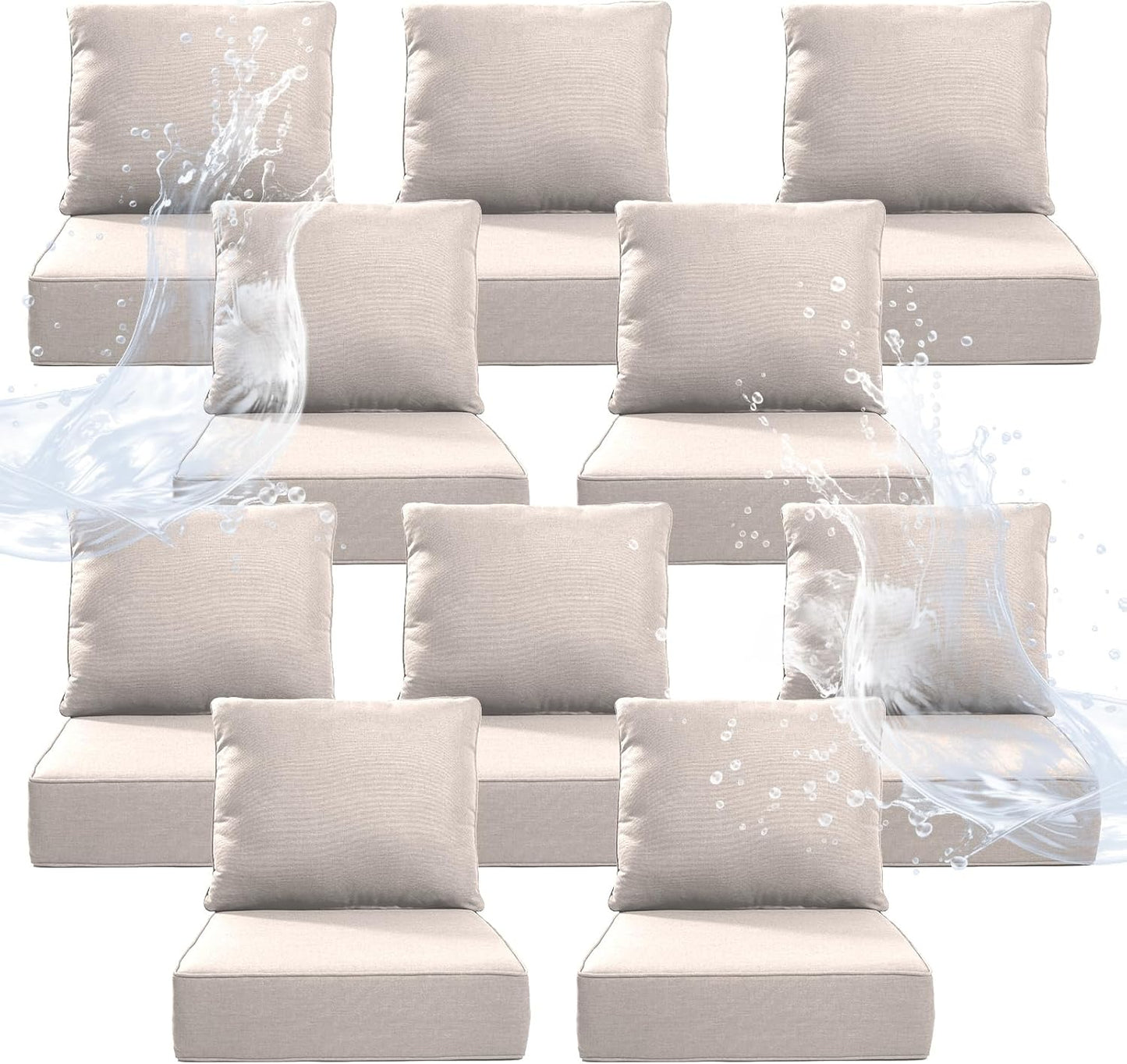 6" Thicker Outdoor Chair Cushion 3 Sets - 24" *24" *6" Waterproof Patio Furniture Cushions with Removable Cover, 28D High Density Sponge Filling Thicken Outdoor Patio Cushions - Beige