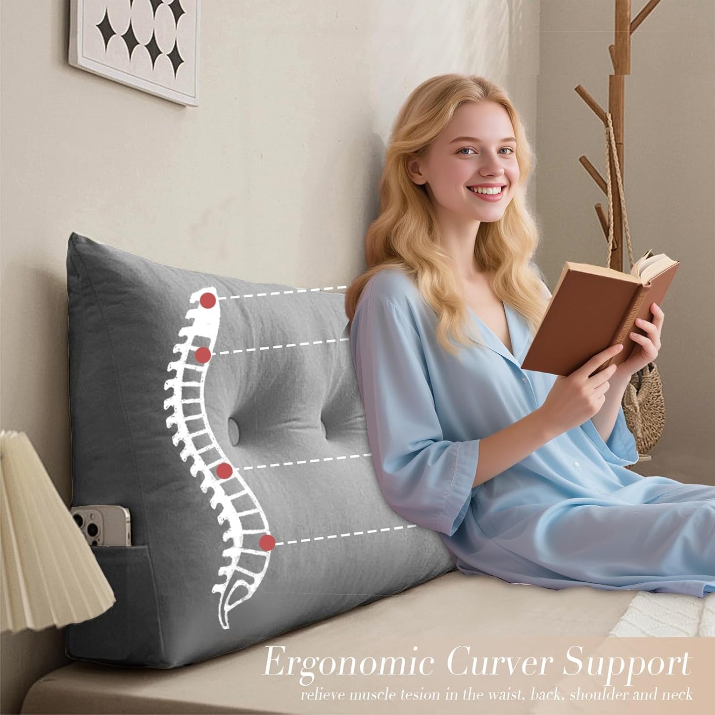 Triangular Wedge Headboard Pillows Twin Dorm Headboard Pillow Long Backrest Positioning Support for Sleeping Back Pillow for Bed Sitting Up Wedge Pillow Reading Bed Lumbar Pillow