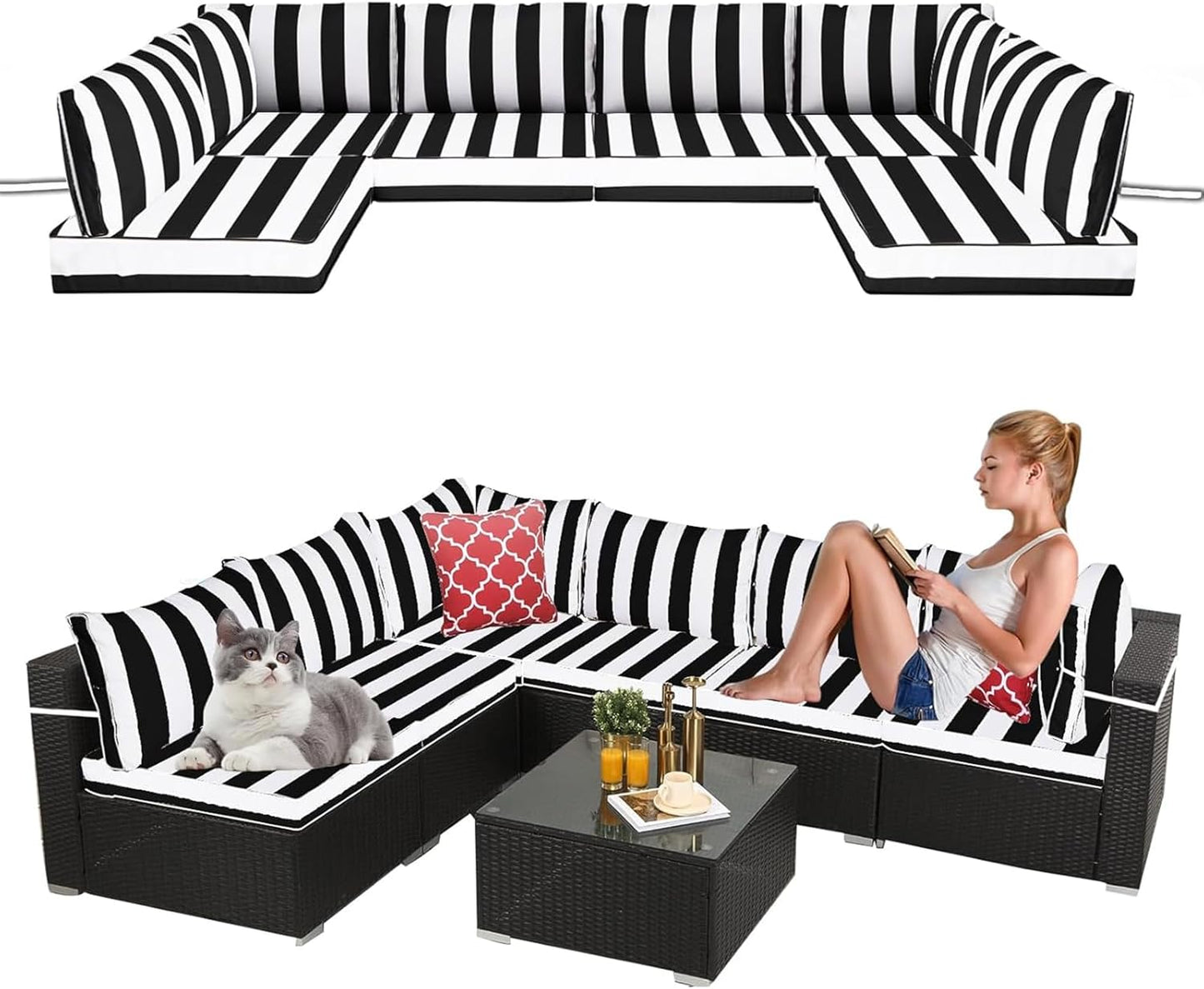 14 Pieces Outdoor Sectional Replacement Cushions for Patio Furniture, 4in Thick Outdoor Sofa Cushions for 6 Seat, Waterproof Deep Seat Couch Patio Cushions Set (Khaki)