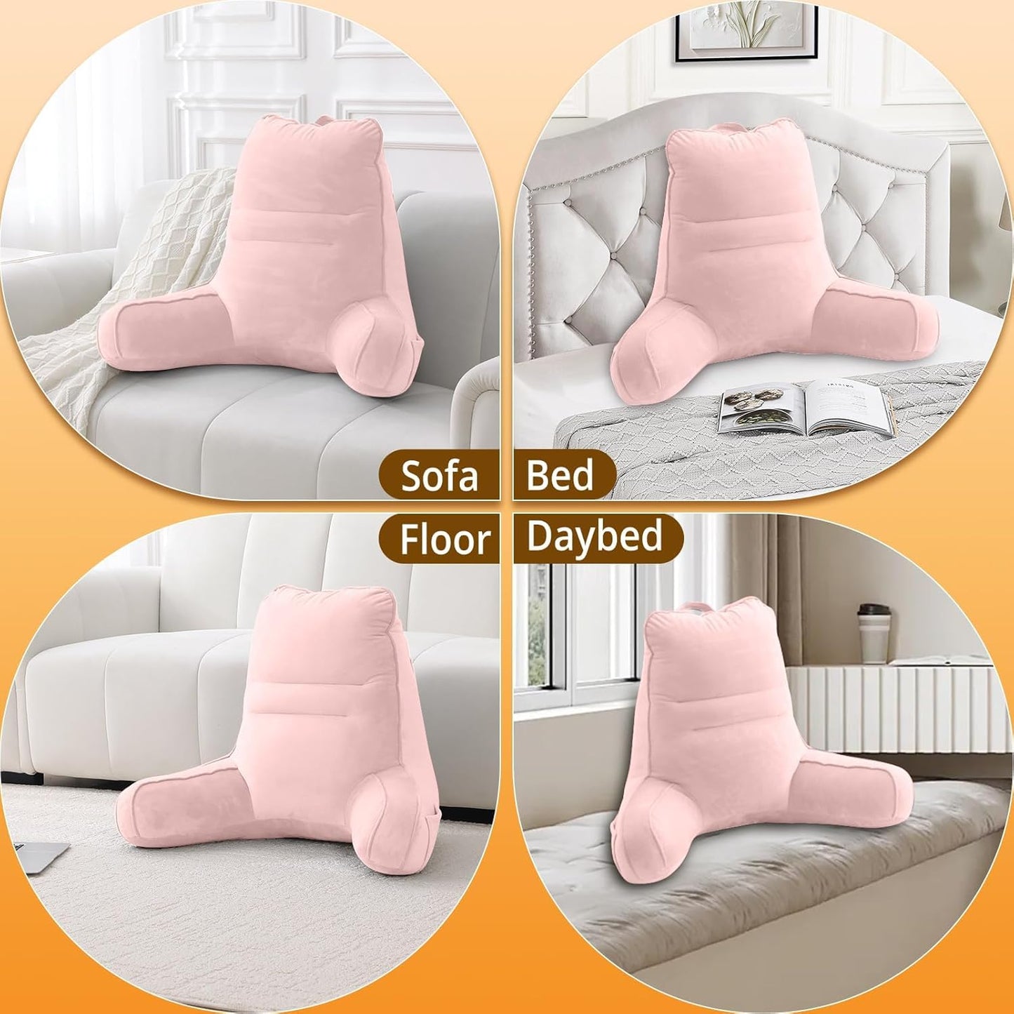 Sasttie Reading Pillow for Bed - 23 Inch, Back Pillow for Bed Sitting Up, Back-Rest Support Cushion with Side Pockets and Arms, Dorm Essentials, Oeko-Tex Certified, Pale Pink