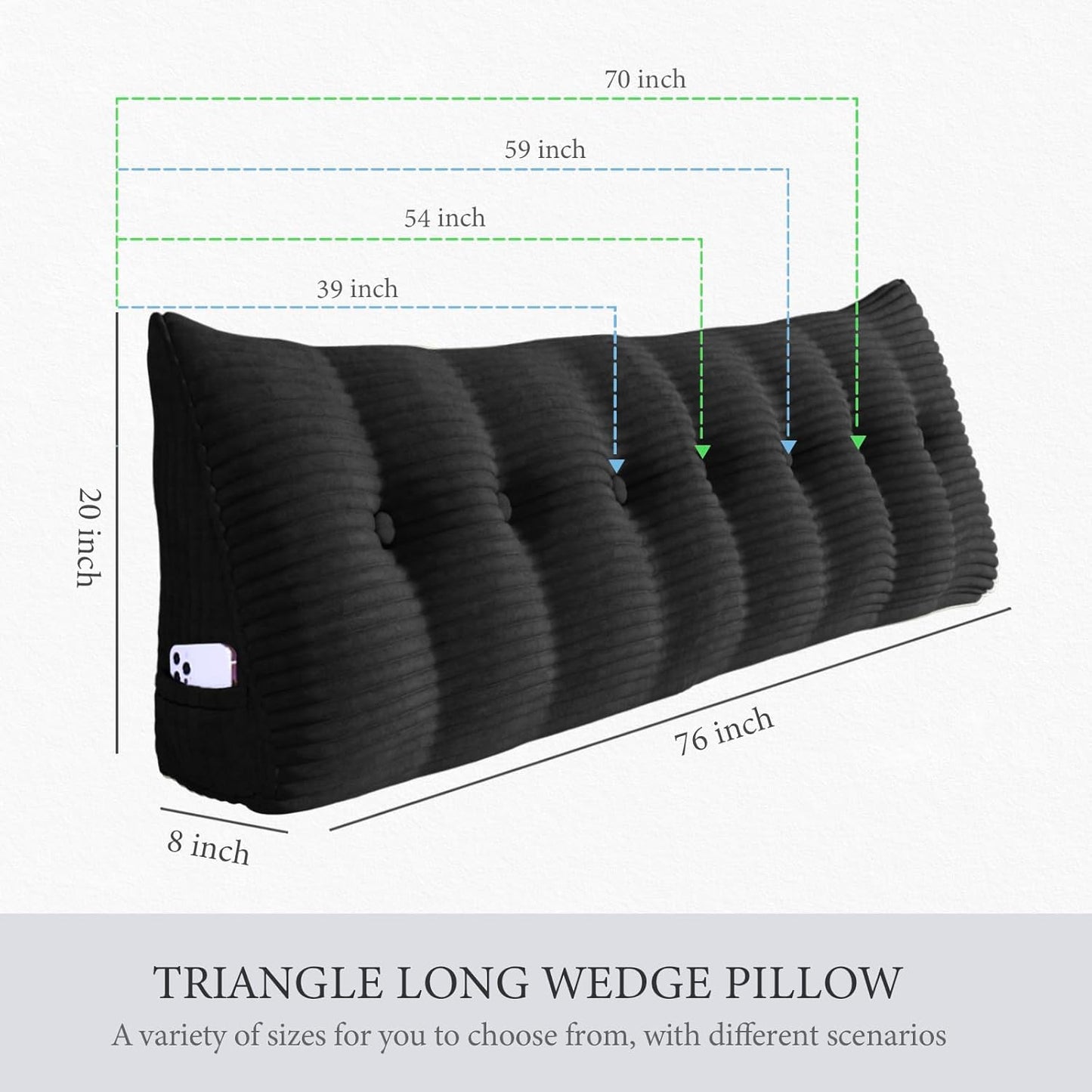 Fully Stuffed Thicken Headboard Pillow Twin Padded Headboard Soft and Firm Support Large Bolster Triangular Bed Wedge Pillow Backrest Positioning Bed Rest Reading Pillows for Bed Corduroy Black