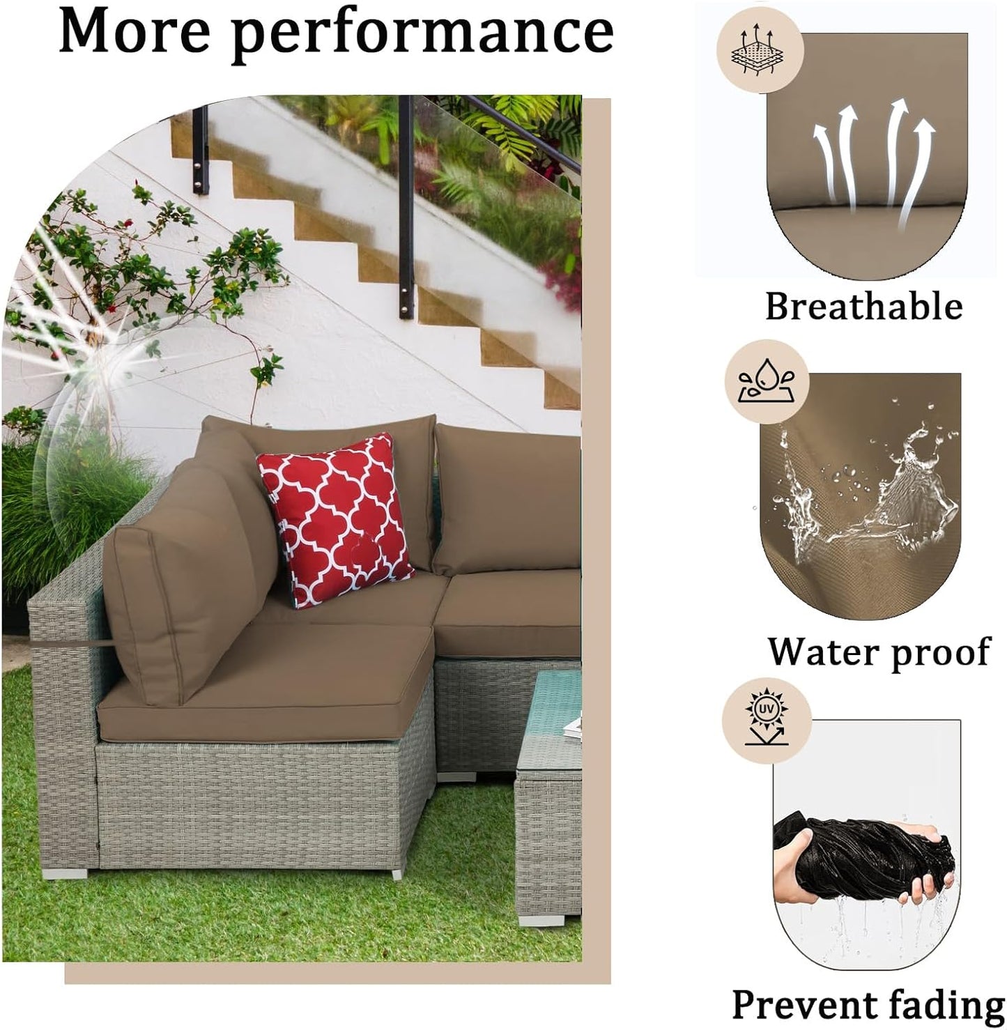14 Pieces Outdoor Sectional Replacement Cushions for Patio Furniture, 4in Thick Outdoor Sofa Cushions for 6 Seat, Waterproof Deep Seat Couch Patio Cushions Set (Khaki)