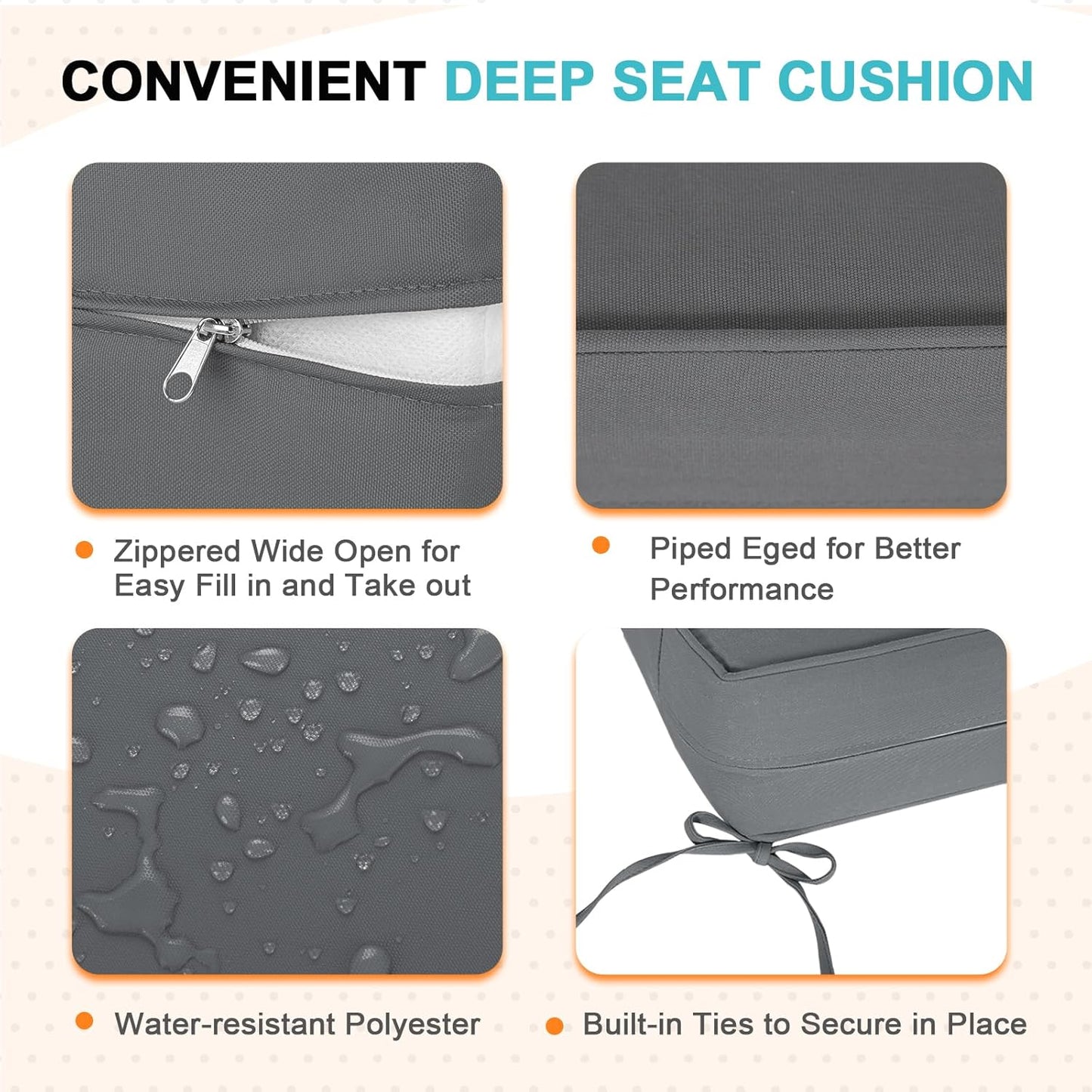 EAGLE PEAK Outdoor Deep Seat Patio Seat Cushion Set, 25 x 25 x 5 inch, 2-Piece Back Chair Cushion, Set of 4, Gray