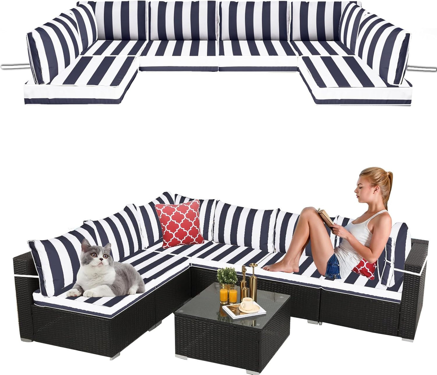 14 Pieces Outdoor Sectional Replacement Cushions for Patio Furniture, 4in Thick Outdoor Sofa Cushions for 6 Seat, Waterproof Deep Seat Couch Patio Cushions Set (Khaki)
