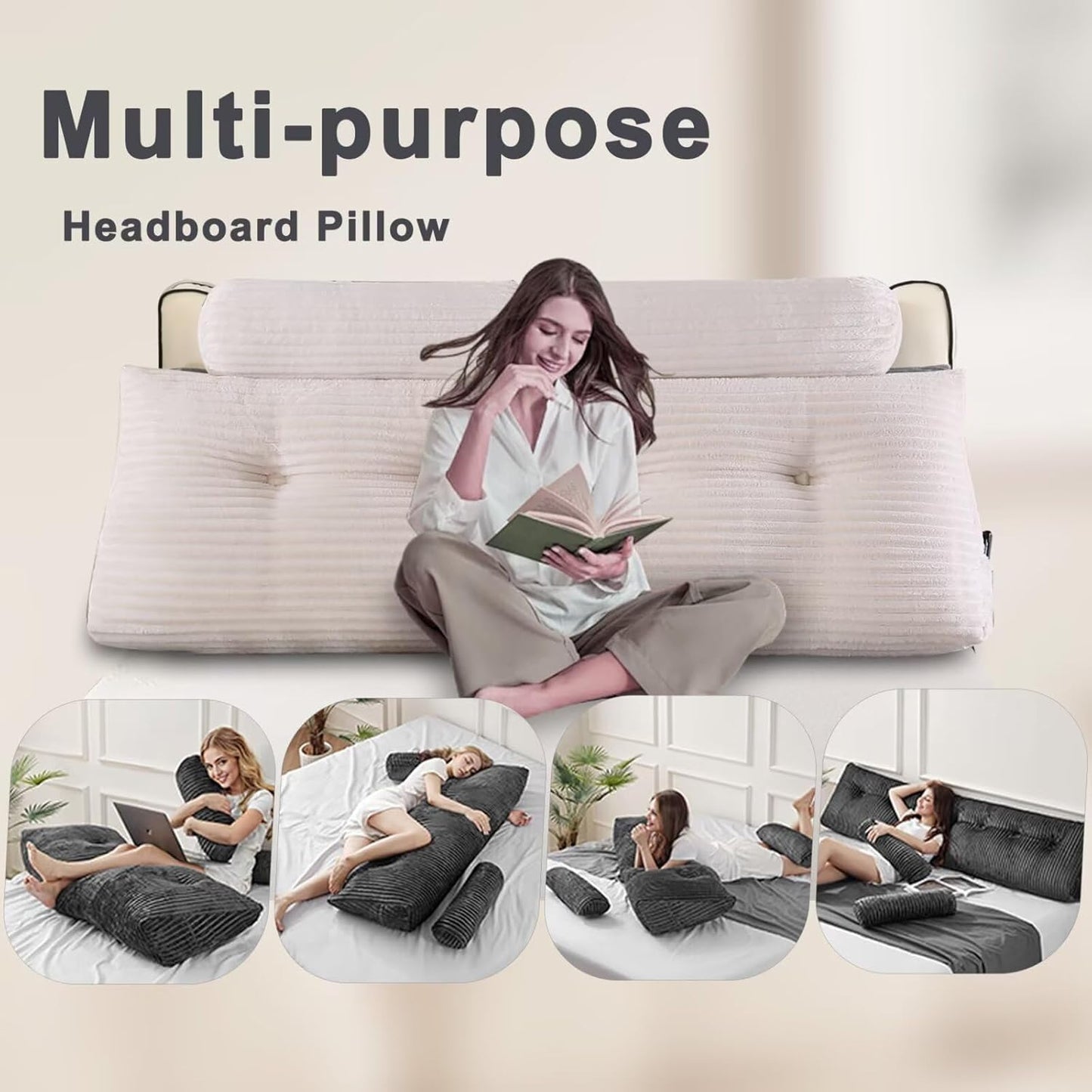 Headboard Pillow for Perfect Reading and Relaxation - Beige Wedge Backrest Pillow for Bed,Daybed,and Lounging - Supportive and Stylish Long Pillow for Sitting and Sleeping Queen (59x8x20 Inches)