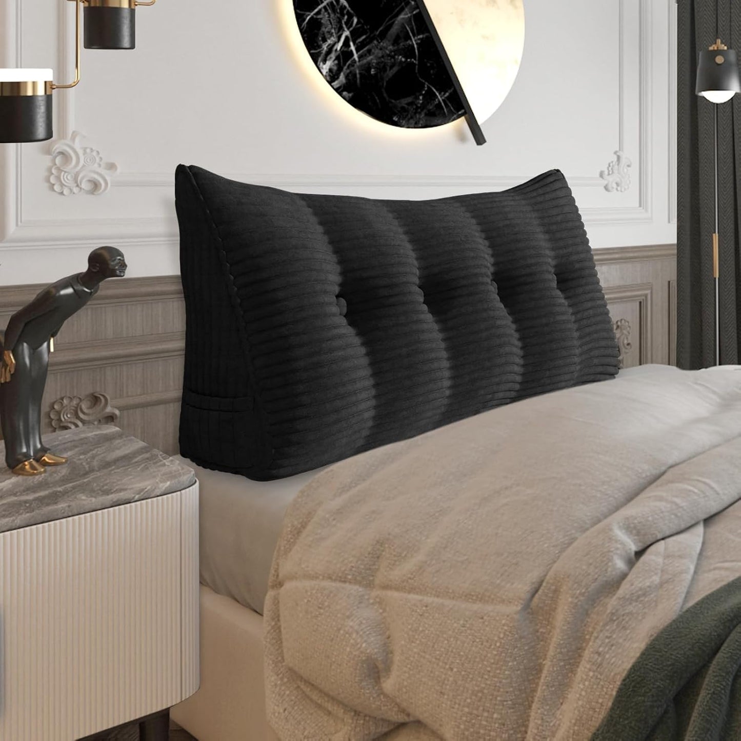 Fully Stuffed Thicken Headboard Pillow Twin Padded Headboard Soft and Firm Support Large Bolster Triangular Bed Wedge Pillow Backrest Positioning Bed Rest Reading Pillows for Bed Corduroy Black