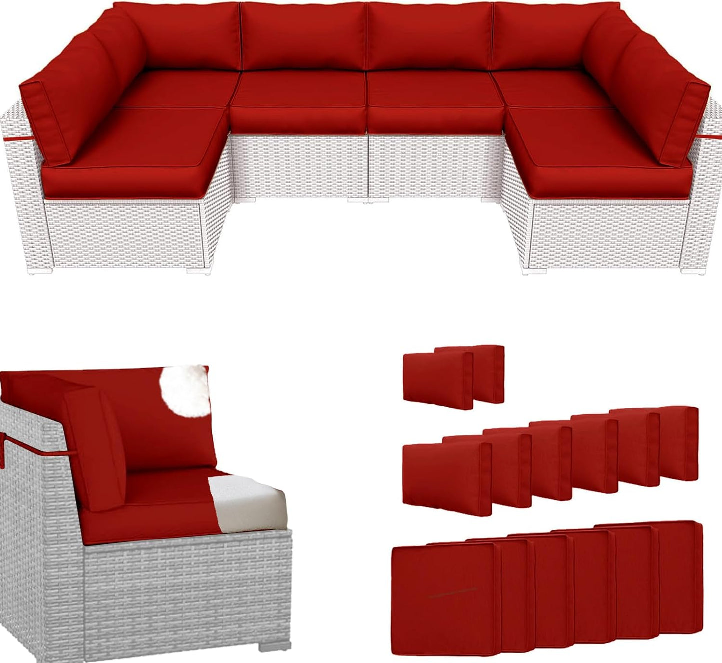 14Pcs Outdoor Sectional Replacement Cushion Set, Waterproof Furniture Cushion, Outside Couch Coushions for 6-Seat Wicker Conversation Sets(Liner&Cover) (Black and White Stripes)
