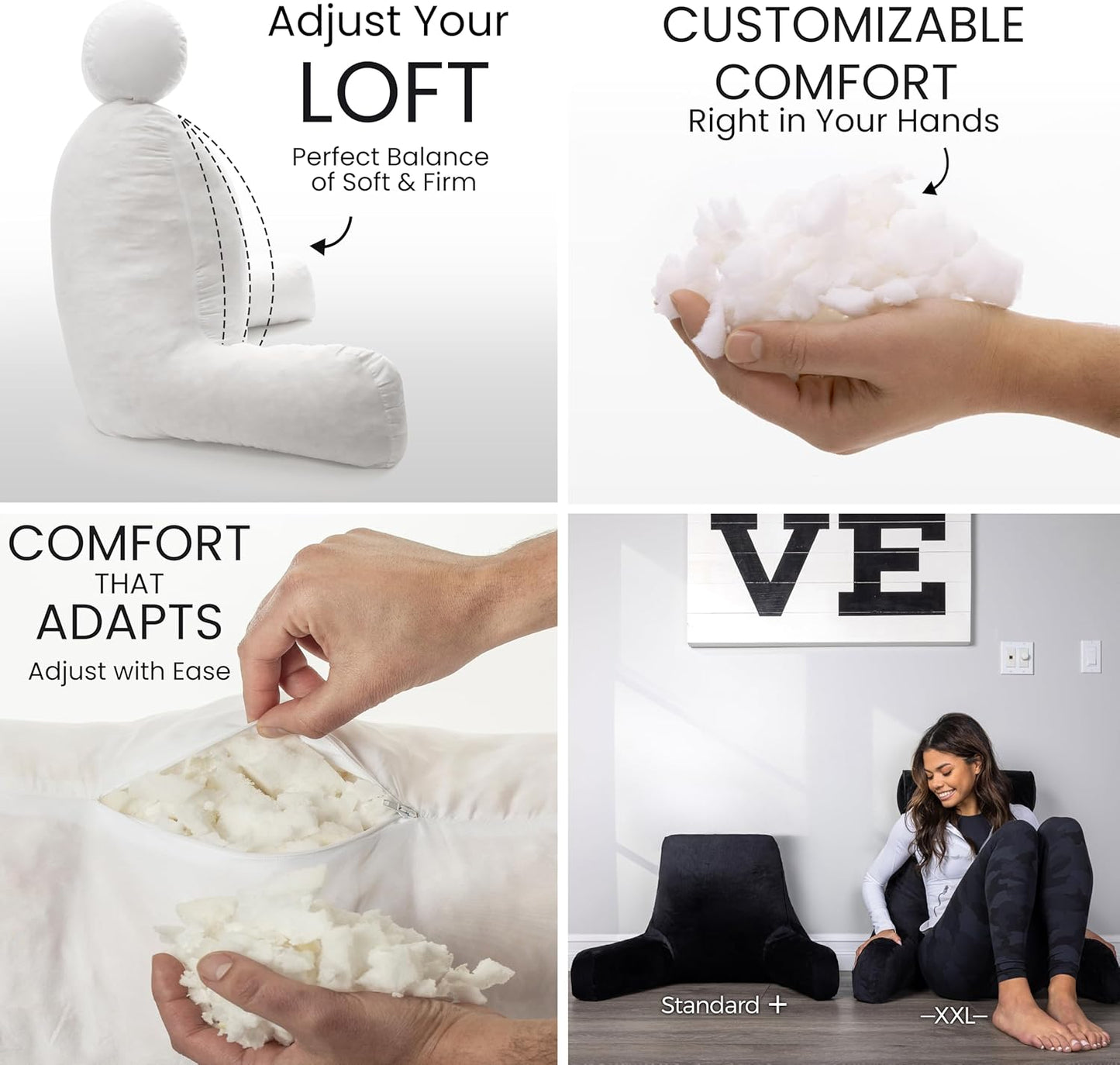 Husband Pillow Black, Original Reading Pillow in Bed Rest Chair, Shredded Memory Foam Large Lounge Cushion Adult Backrest with Arms, Comfy Back Support for Sit Sitting Up, Washable/Removable Cover