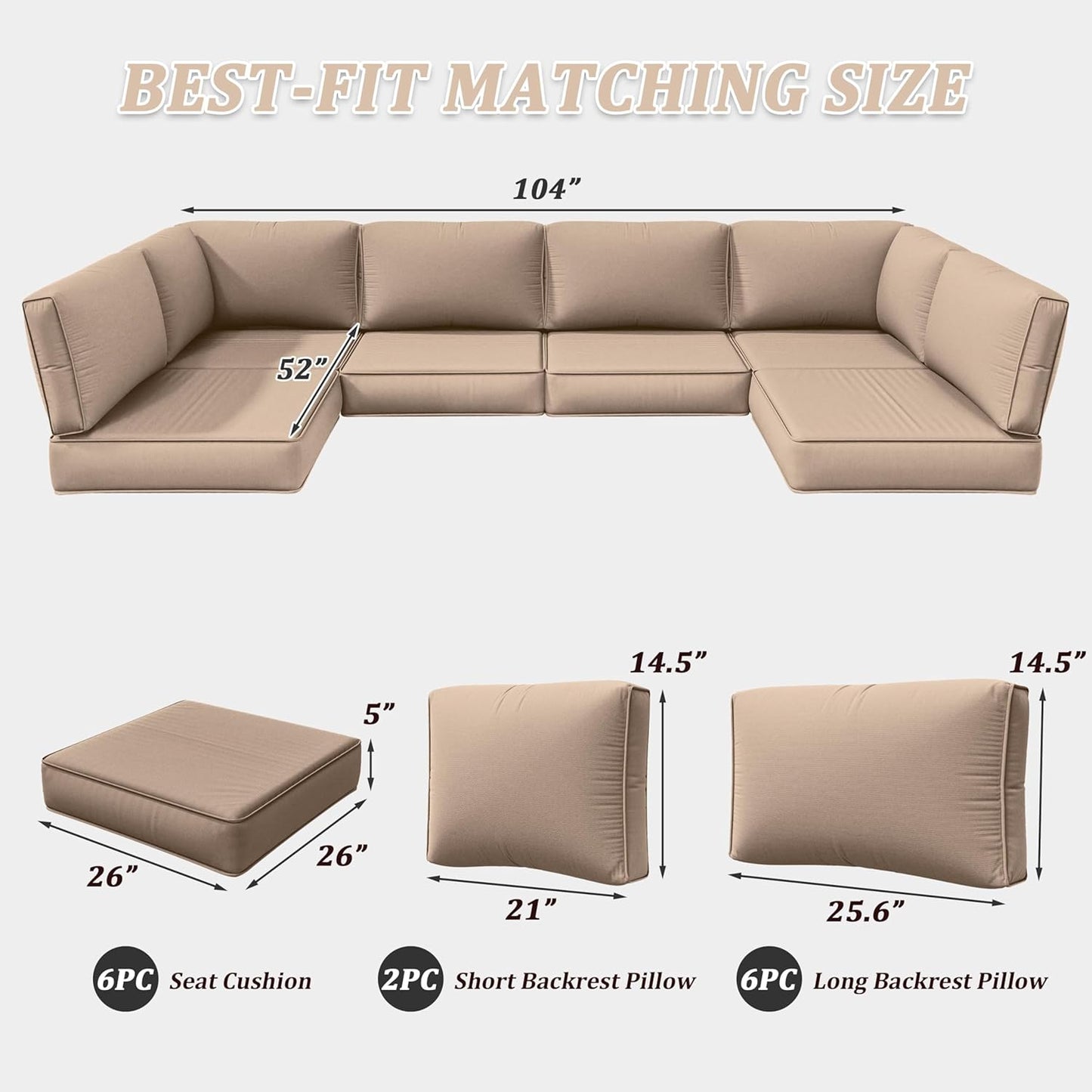 Outdoor Replacement Cushions for Patio Furniture, 5" Foam High-Density, 14-Piece Water-Resistant Outdoor Cushion for 6-Seat Sectional Patio Conversation Sets, Liner&Cover