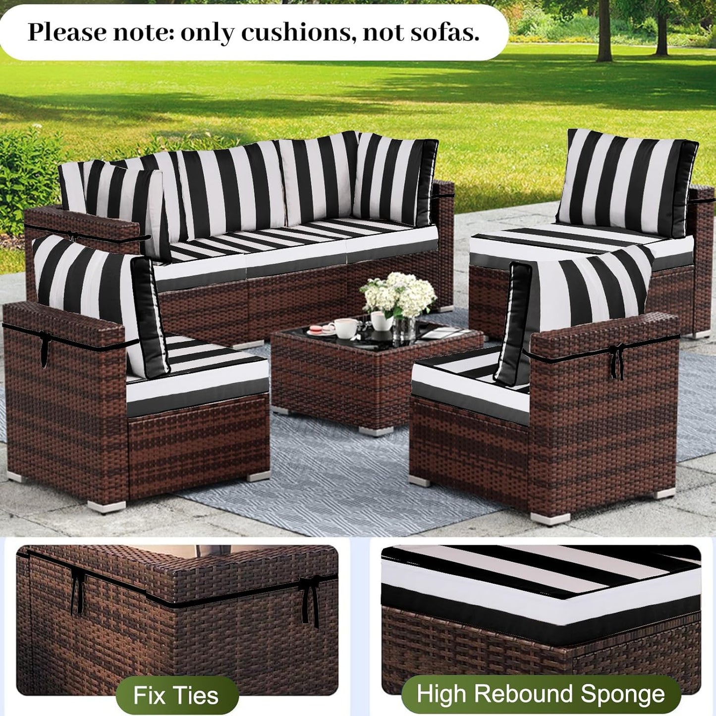 14Pcs Outdoor Sectional Replacement Cushion Set, Waterproof Furniture Cushion, Outside Couch Coushions for 6-Seat Wicker Conversation Sets(Liner&Cover) (Black and White Stripes)
